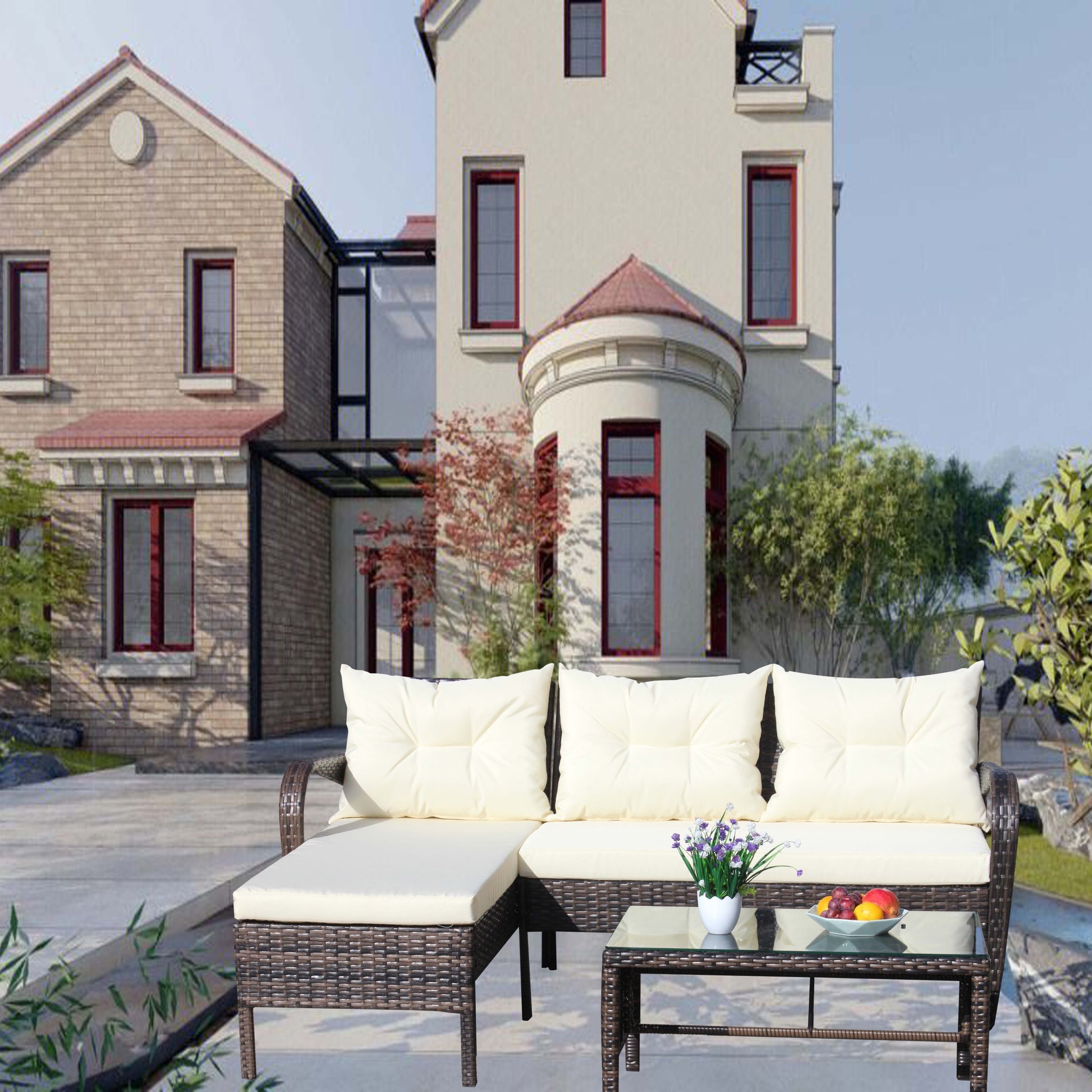Outdoor Patio Furniture Sets 3 Piece Conversation Set Wicker Ratten Sectional Sofa With Seat Cushions Beige Cushion Brown Rattan