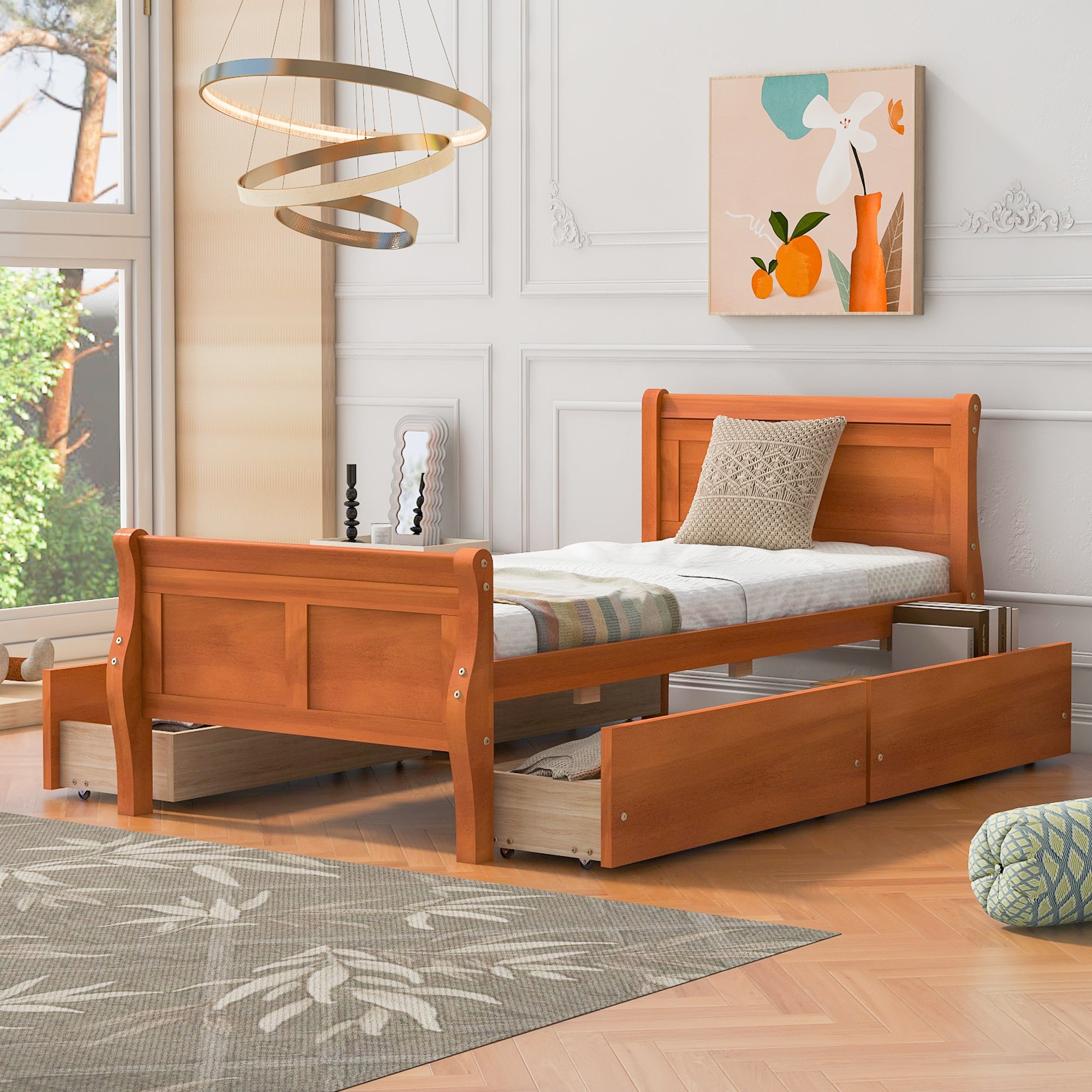 Twin Size Wood Platform Bed With 4 Drawers And Streamlined Headboard & Footboard, Oak Oak Solid Wood Mdf