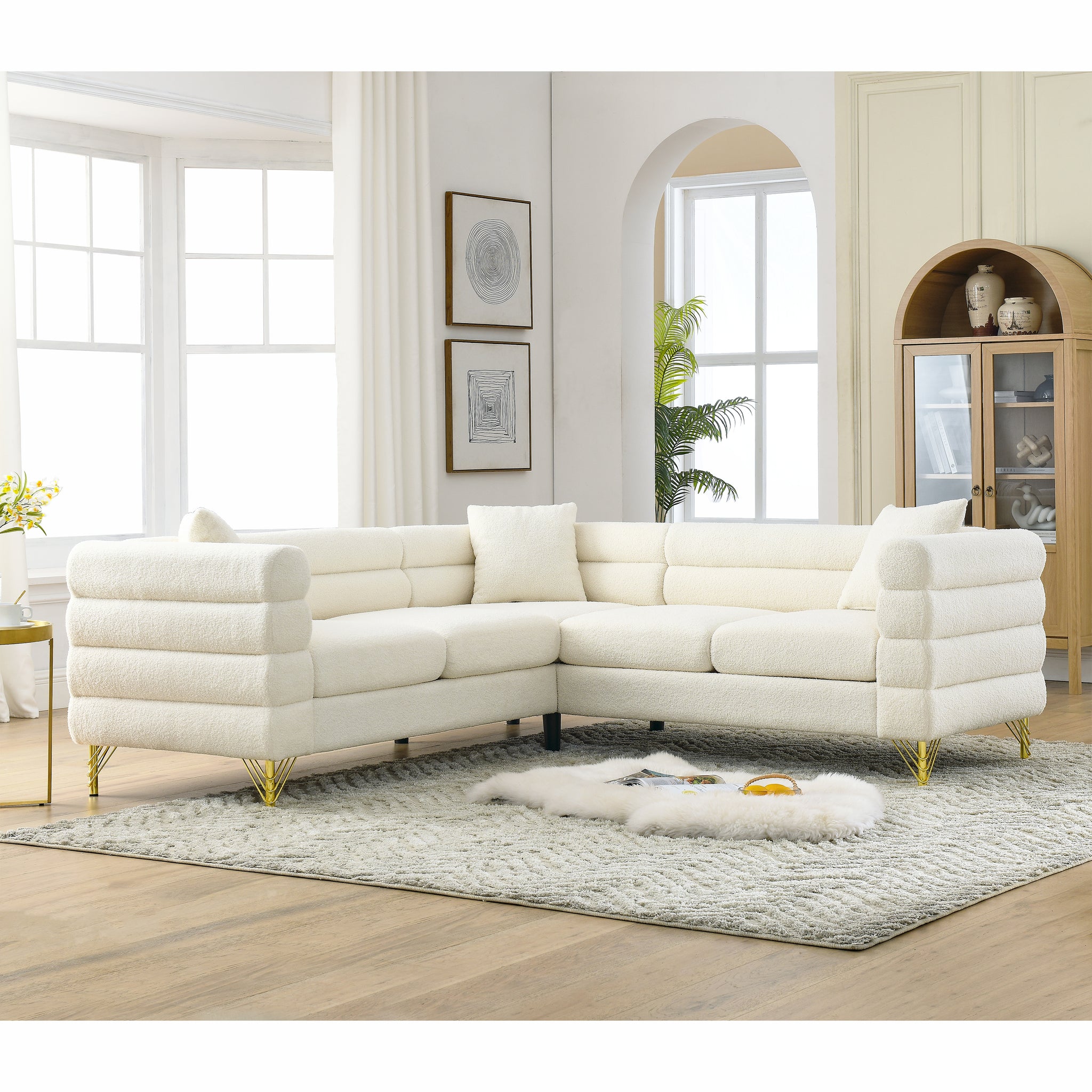 81.5 Inch Oversized Corner Sofa, L Shaped Sectional Couch,5 Seater Corner Sofas With 3 Cushions For Living Room, Bedroom, Apartment, Office White Foam Teddy