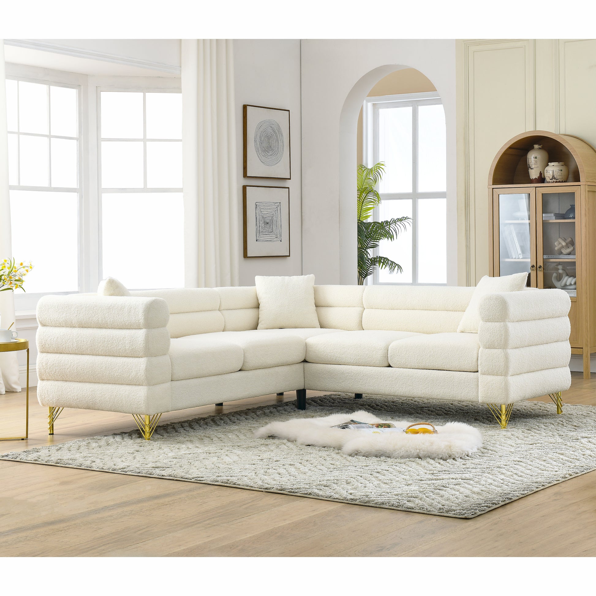 81.5 Inch Oversized Corner Sofa, L Shaped Sectional Couch,5 Seater Corner Sofas With 3 Cushions For Living Room, Bedroom, Apartment, Office White Foam Teddy