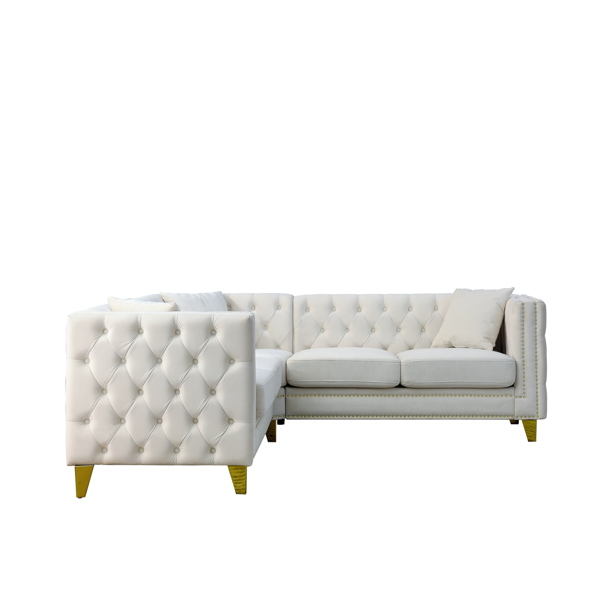 82.2 Inch Velvet Corner Sofa, L Shaped Sectional Couch, 5 Seater Corner Sofas With 3 Cushions For Living Room, Bedroom, Apartment, Office Beige Foam Velvet