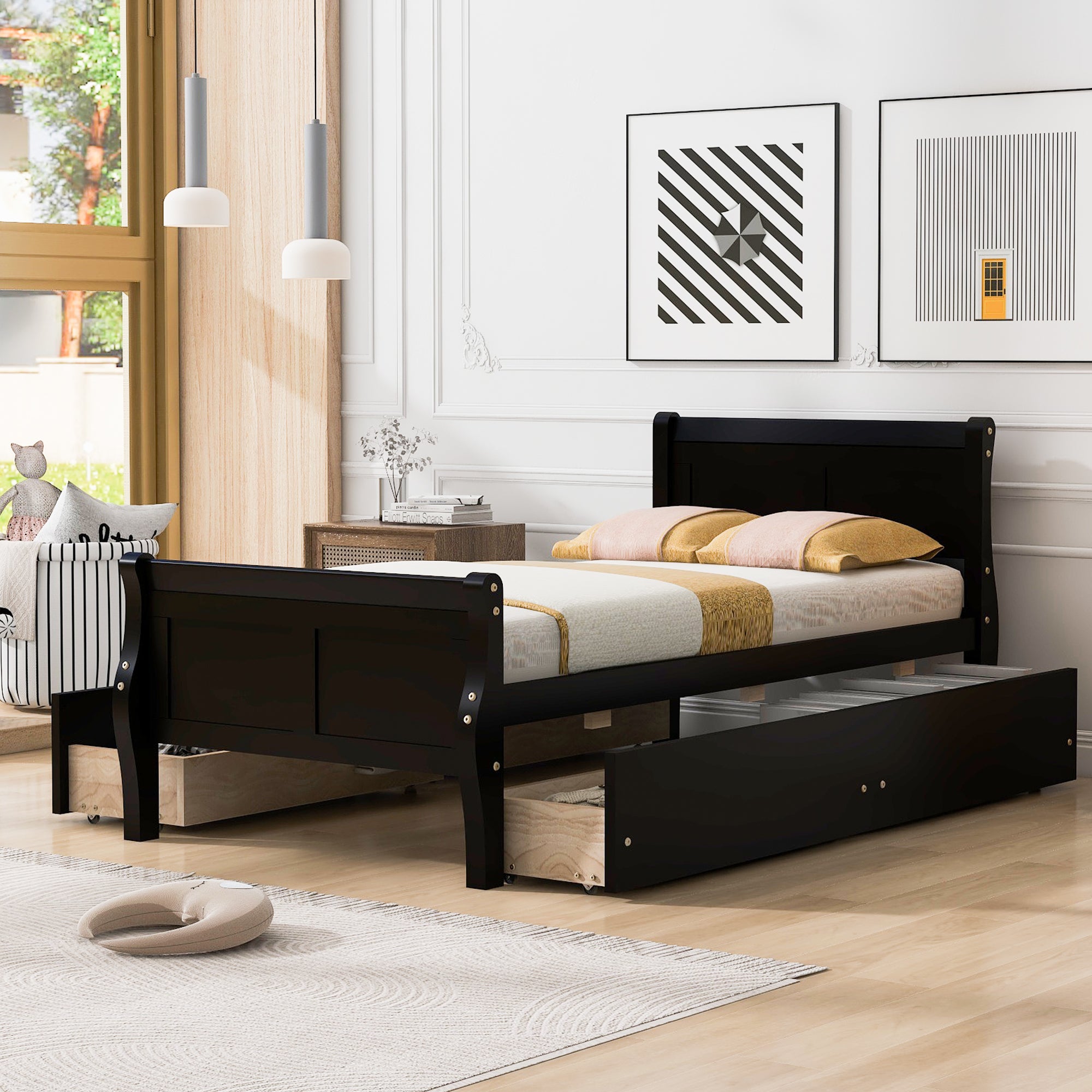 Twin Size Wood Platform Bed With 4 Drawers And Streamlined Headboard & Footboard, Espresso Espresso Solid Wood Mdf