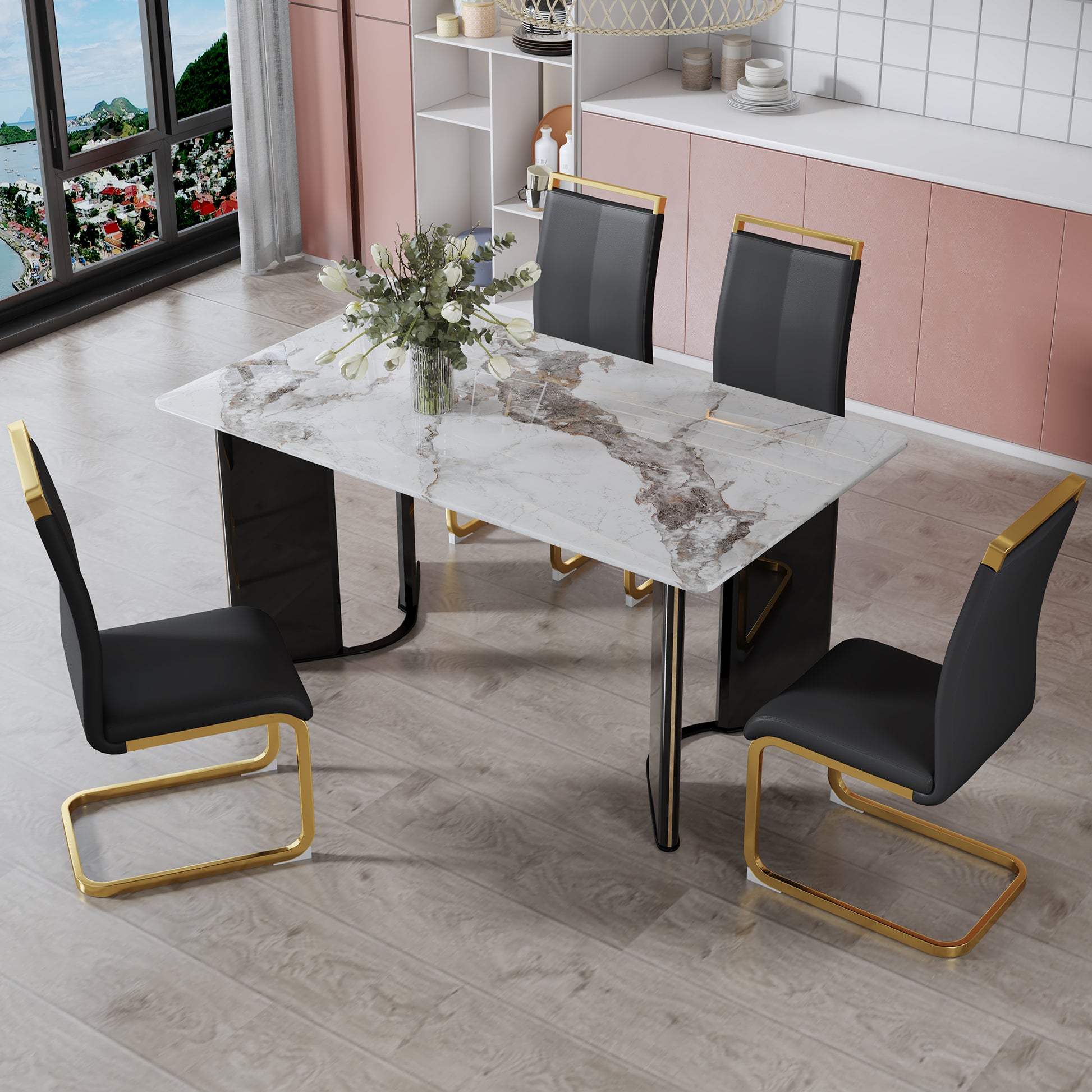 Table And Chair Set. 1 Table And 4 Black Pu Cushioned Golden Color Leg Chairs. White Imitation Marble Tabletop, Mdf Table Legs With Gold Metal Decorative Strips. Paired With 4 Pu Chairs. Hh1162 White Mdf Glass