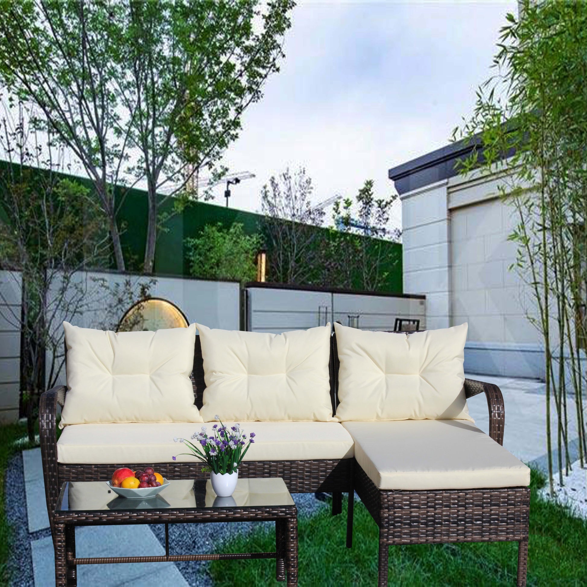 Outdoor Patio Furniture Sets 3 Piece Conversation Set Wicker Ratten Sectional Sofa With Seat Cushions Beige Cushion Brown Rattan