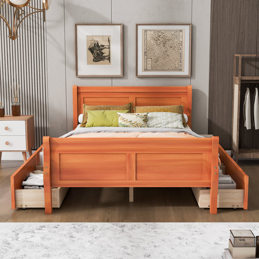 Full Size Wood Platform Bed With 4 Drawers And Streamlined Headboard & Footboard, Oak Oak Solid Wood Mdf