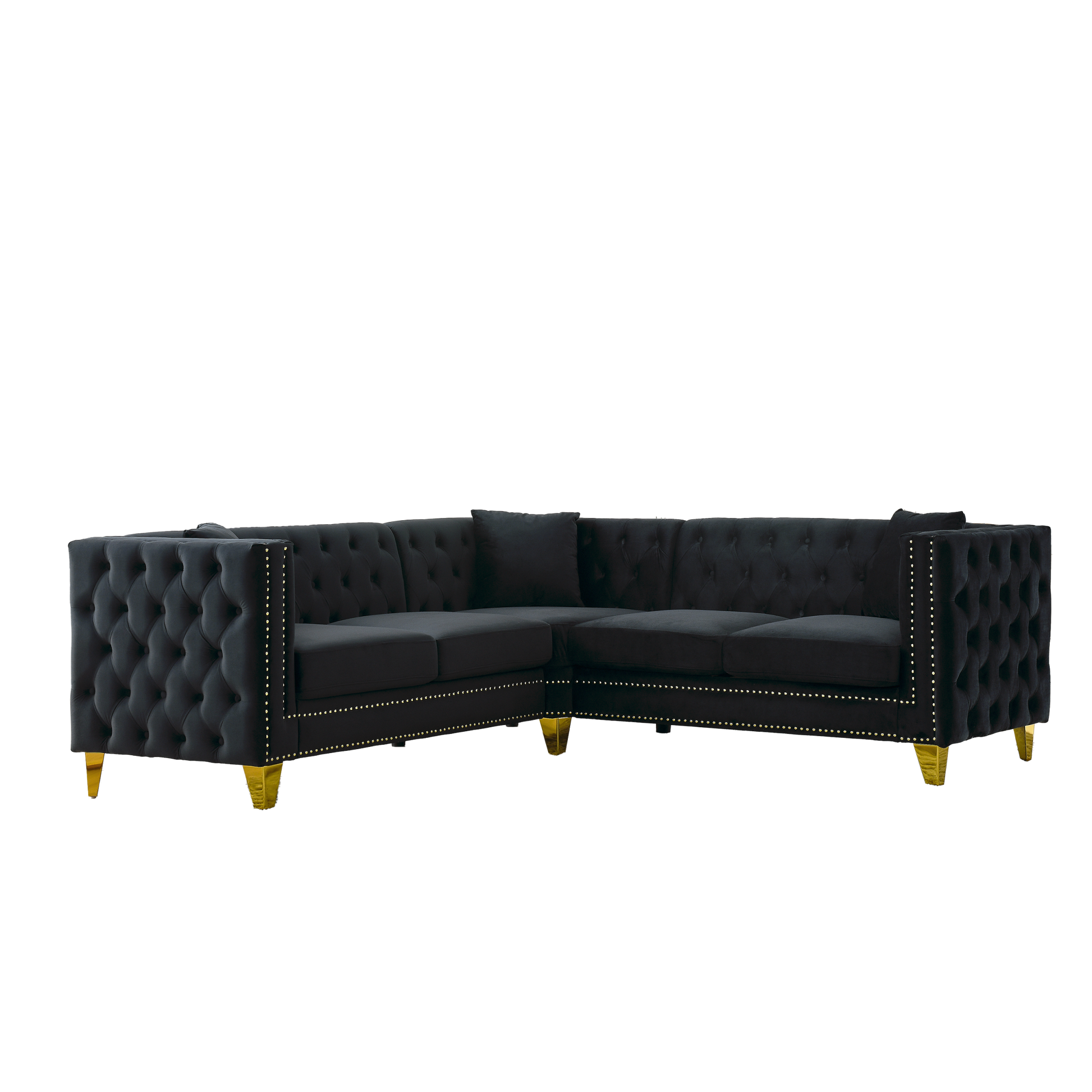 82.2 Inch Velvet Corner Sofa, L Shaped Sectional Couch, 5 Seater Corner Sofas With 3 Cushions For Living Room, Bedroom, Apartment, Office Black Foam Velvet