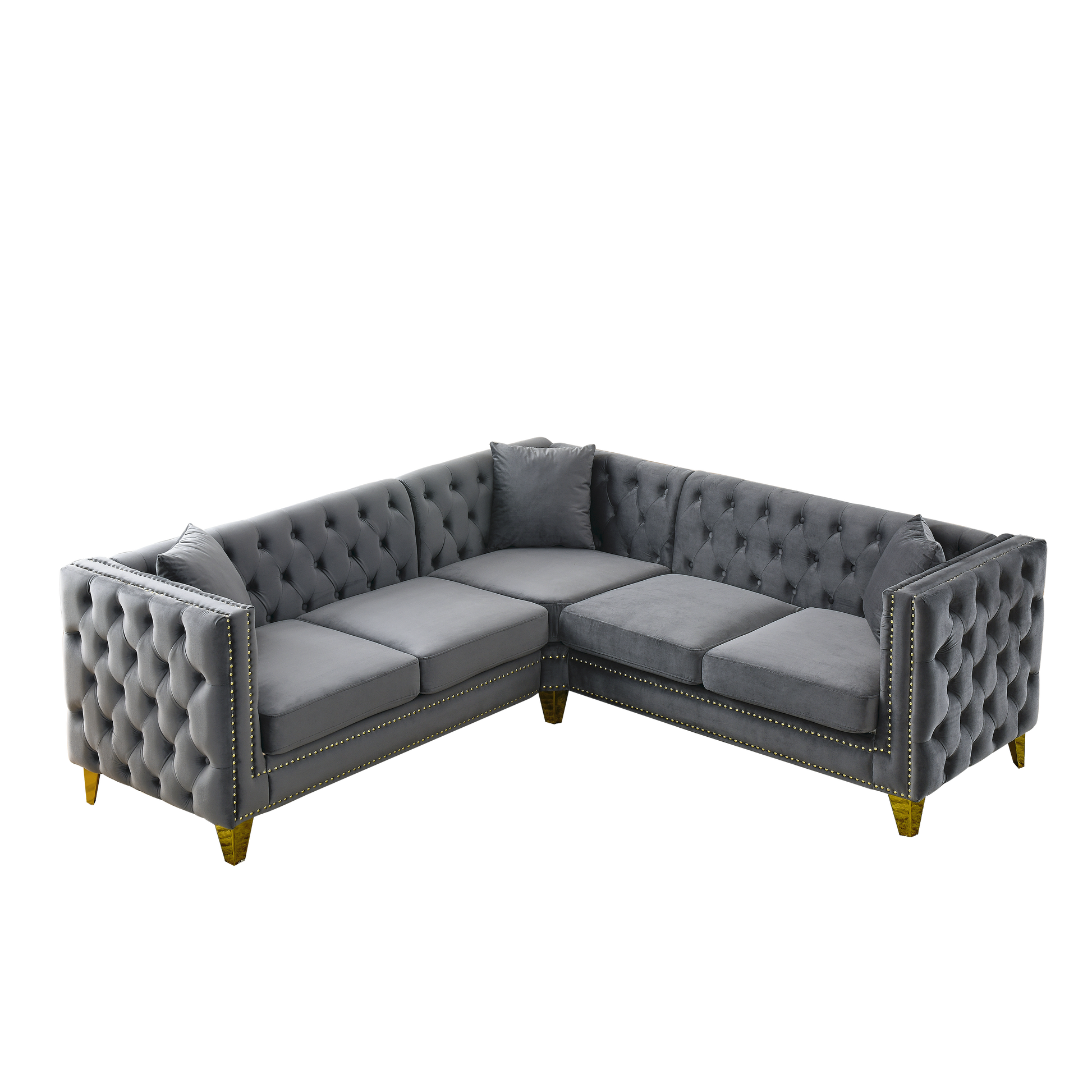 82.2 Inch Velvet Corner Sofal Shaped Sectional Couch, 5 Seater Corner Sofas With 3 Cushions For Living Room, Bedroom, Apartment, Office Gray Foam Velvet