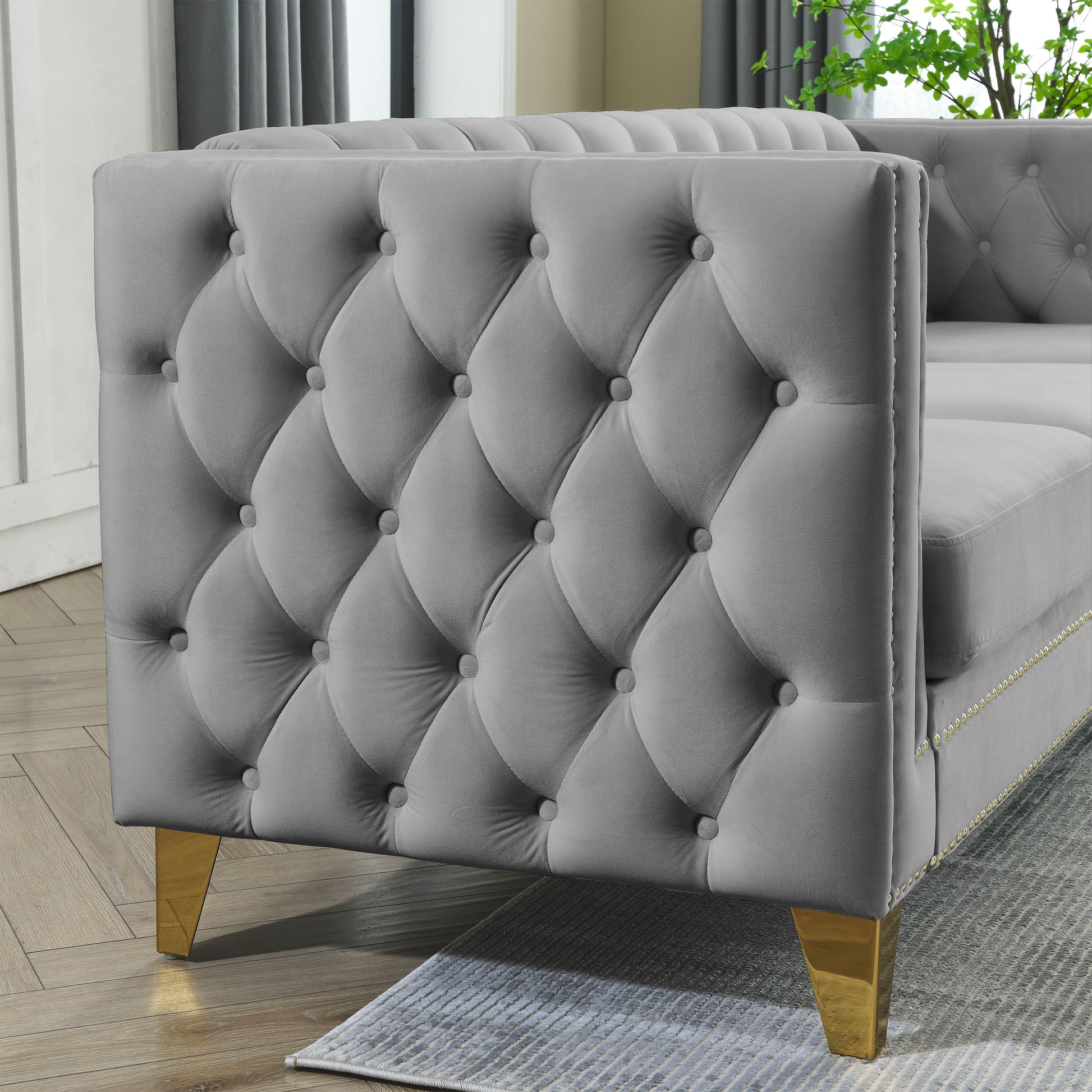 82.2 Inch Velvet Corner Sofal Shaped Sectional Couch, 5 Seater Corner Sofas With 3 Cushions For Living Room, Bedroom, Apartment, Office Gray Foam Velvet