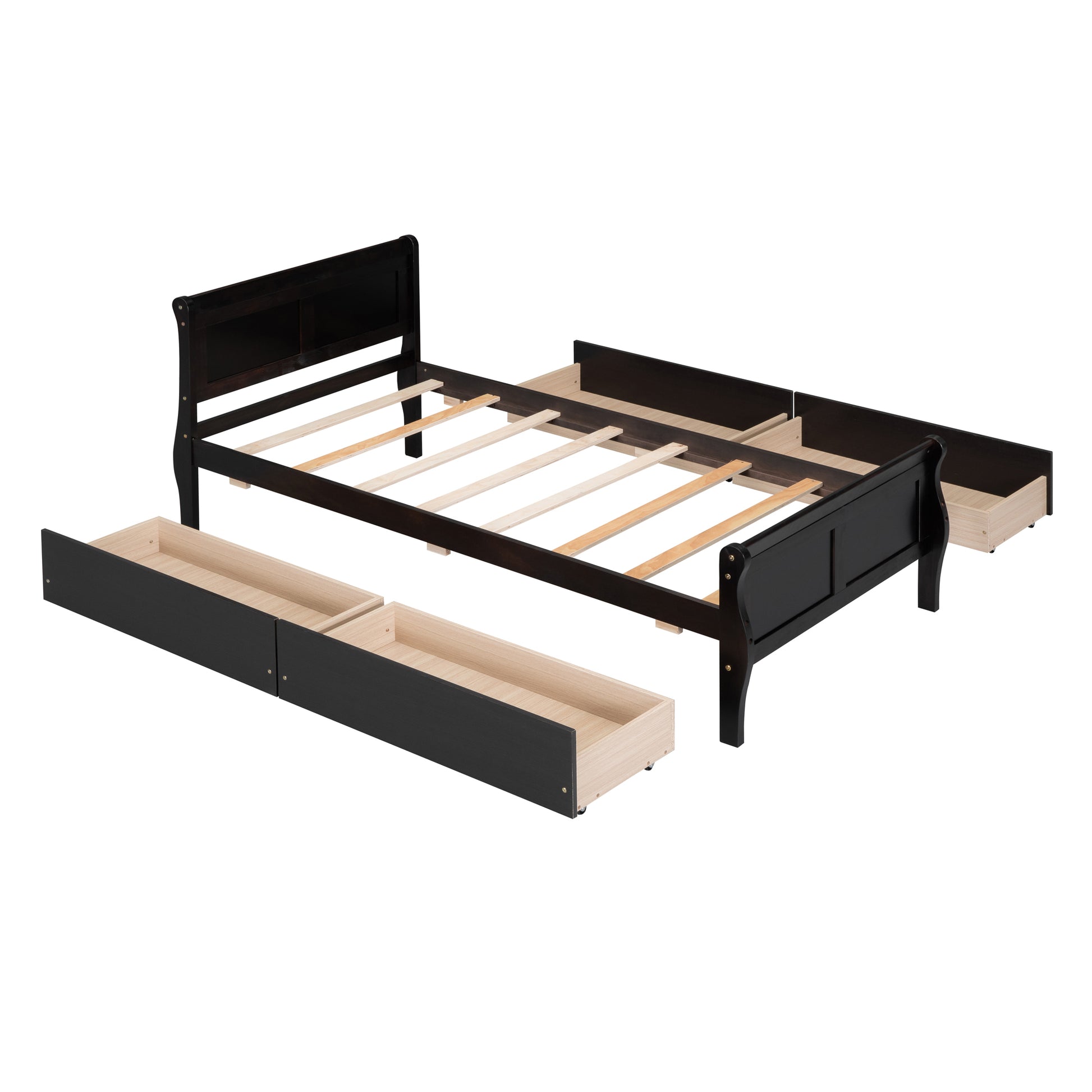 Twin Size Wood Platform Bed With 4 Drawers And Streamlined Headboard & Footboard, Espresso Espresso Solid Wood Mdf