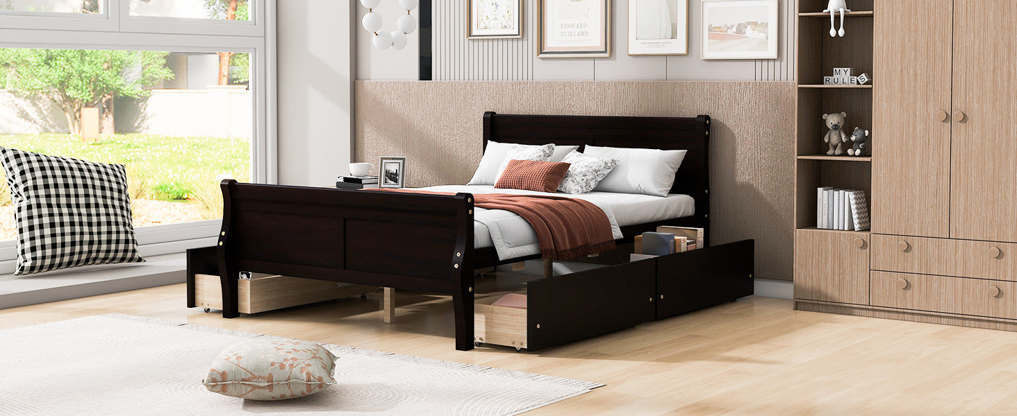 Full Size Wood Platform Bed With 4 Drawers And Streamlined Headboard & Footboard, Espresso Espresso Solid Wood Mdf