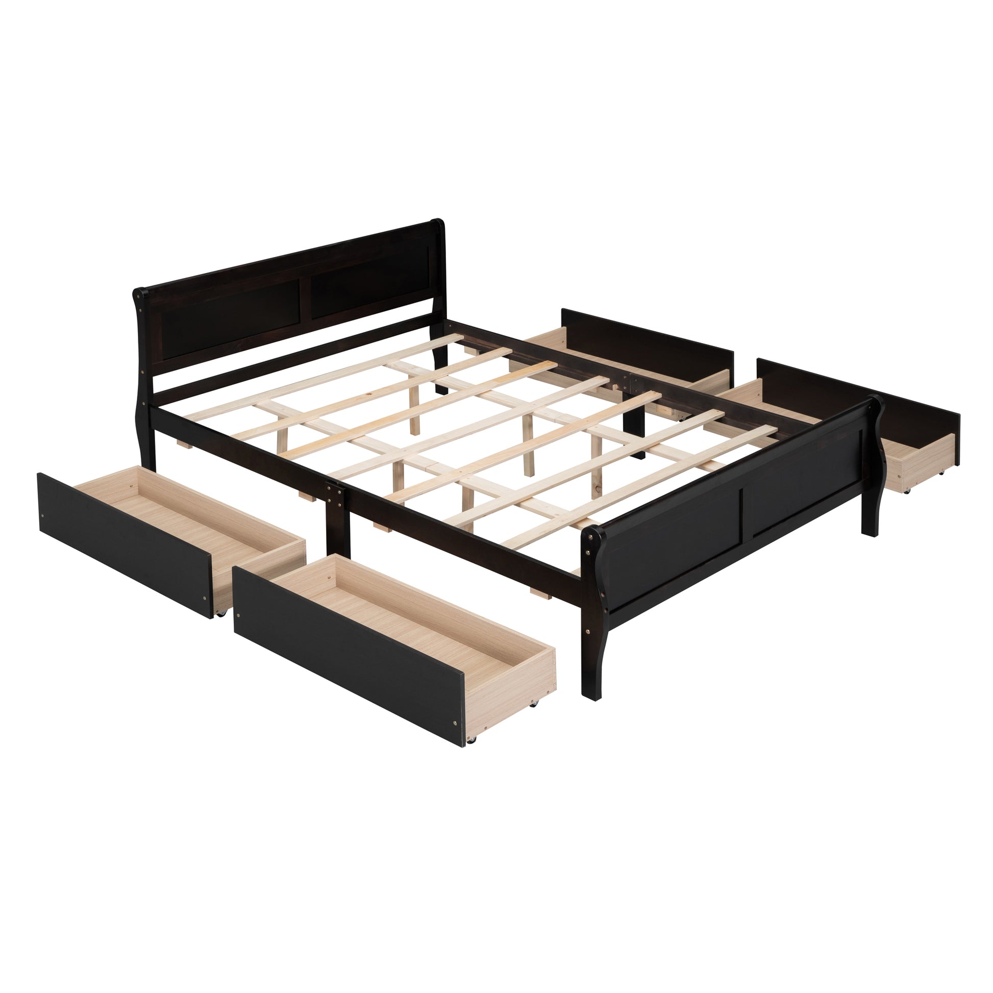 Queen Size Wood Platform Bed With 4 Drawers And Streamlined Headboard & Footboard, Espresso Queen Espresso Solid Wood Mdf