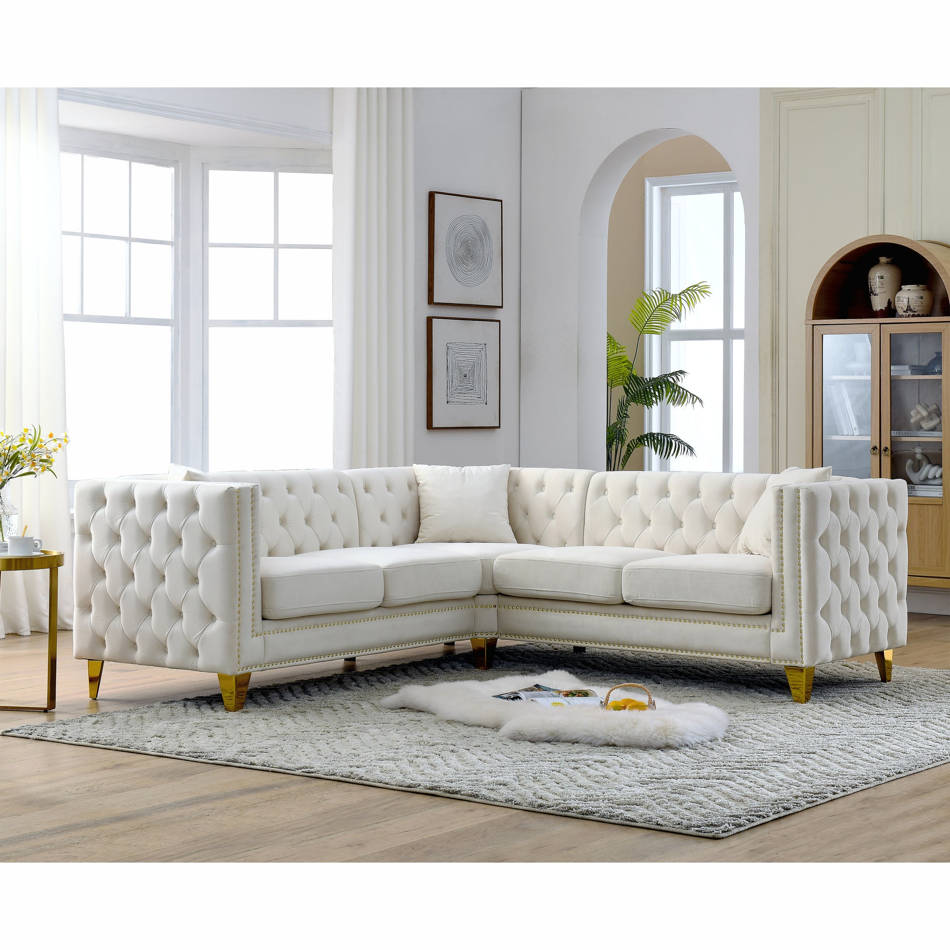 82.2 Inch Velvet Corner Sofa, L Shaped Sectional Couch, 5 Seater Corner Sofas With 3 Cushions For Living Room, Bedroom, Apartment, Office Beige Foam Velvet