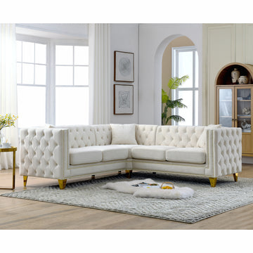 82.2 Inch Velvet Corner Sofa, L Shaped Sectional Couch, 5 Seater Corner Sofas With 3 Cushions For Living Room, Bedroom, Apartment, Office Beige Foam Velvet