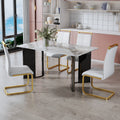 Table And Chair Set. 1 Table And 4 White Pu Backrest Cushions With Gold Metal Leg Chairs . A Rectangular White Imitation Marble Desktop With Mdf Legs And Gold Metal Decorative Strips. Hh1162 White Mdf Glass