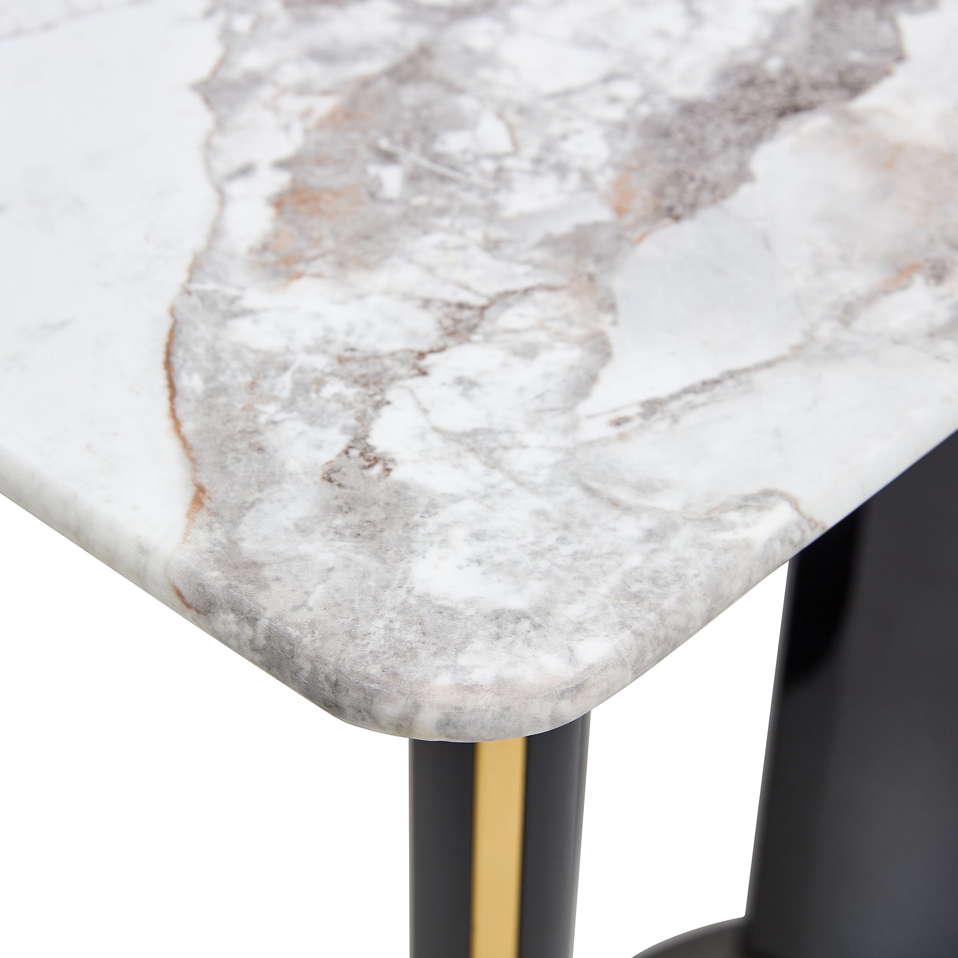 Table And Chair Set. 1 Table And 4 Black Pu Cushioned Golden Color Leg Chairs. White Imitation Marble Tabletop, Mdf Table Legs With Gold Metal Decorative Strips. Paired With 4 Pu Chairs. Hh1162 White Mdf Glass