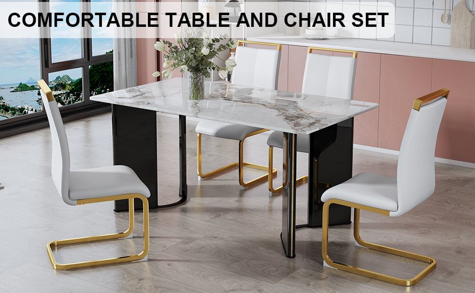 Table And Chair Set. 1 Table And 4 White Pu Backrest Cushions With Gold Metal Leg Chairs . A Rectangular White Imitation Marble Desktop With Mdf Legs And Gold Metal Decorative Strips. Hh1162 White Mdf Glass