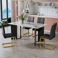 Table And Chair Set. 1 Table And 4 Black Pu Cushioned Golden Color Leg Chairs. White Imitation Marble Tabletop, Mdf Table Legs With Gold Metal Decorative Strips. Paired With 4 Pu Chairs. Hh1162 White Mdf Glass