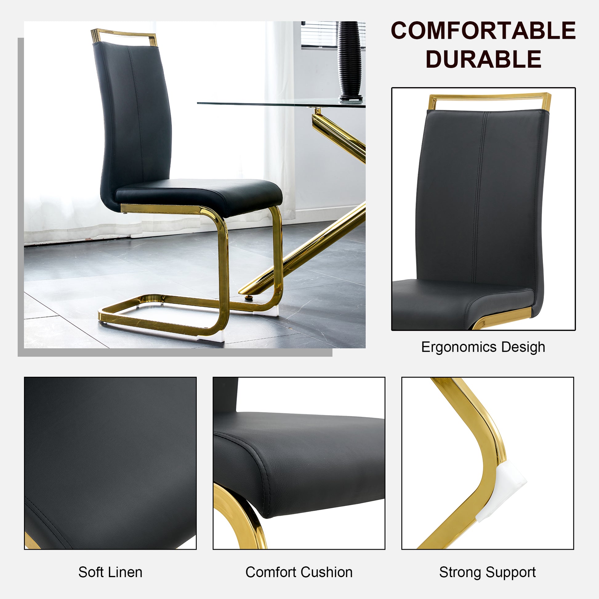 Table And Chair Set. 1 Table And 4 Black Pu Cushioned Golden Color Leg Chairs. White Imitation Marble Tabletop, Mdf Table Legs With Gold Metal Decorative Strips. Paired With 4 Pu Chairs. Hh1162 White Mdf Glass