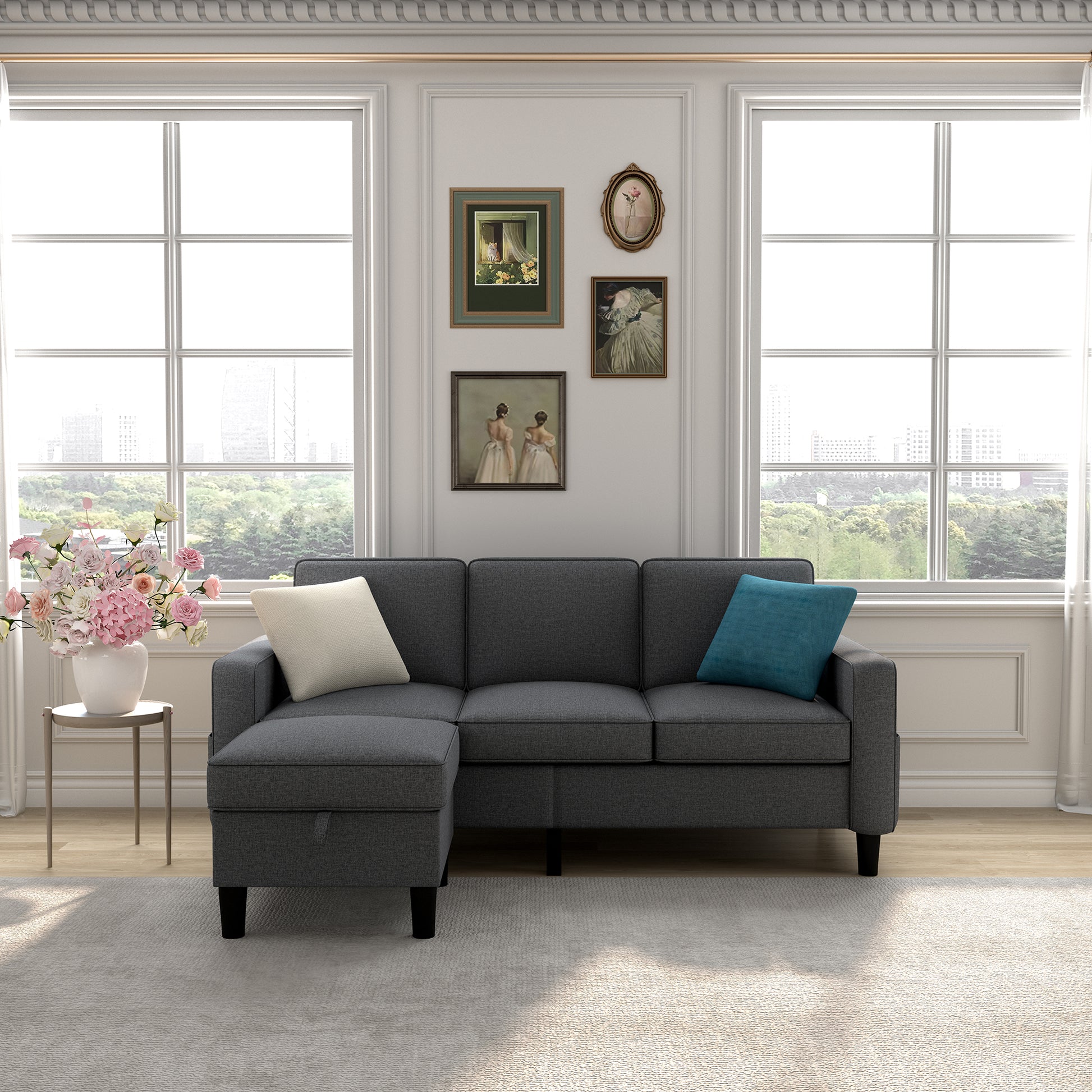 Sofas For Families, Apartments, Dorms, Bonus Rooms, Compact Spaces With Lounge Lounges, 3 Seater, L Shaped Design For The Chaise, 680 Lbs Capacity Dark Grey Dark Gray Metal & Wood