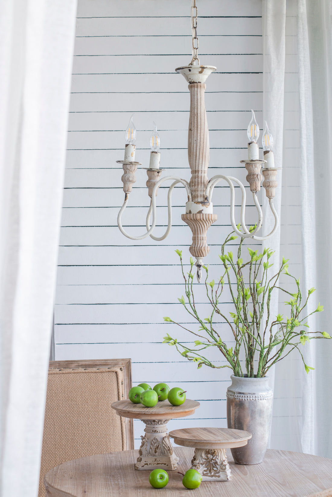 4 Light Wood Chandelier, Hanging Light Fixture With Adjustable Chain For Kitchen Dining Room Foyer Entryway, Bulb Not Included Cream White Wood