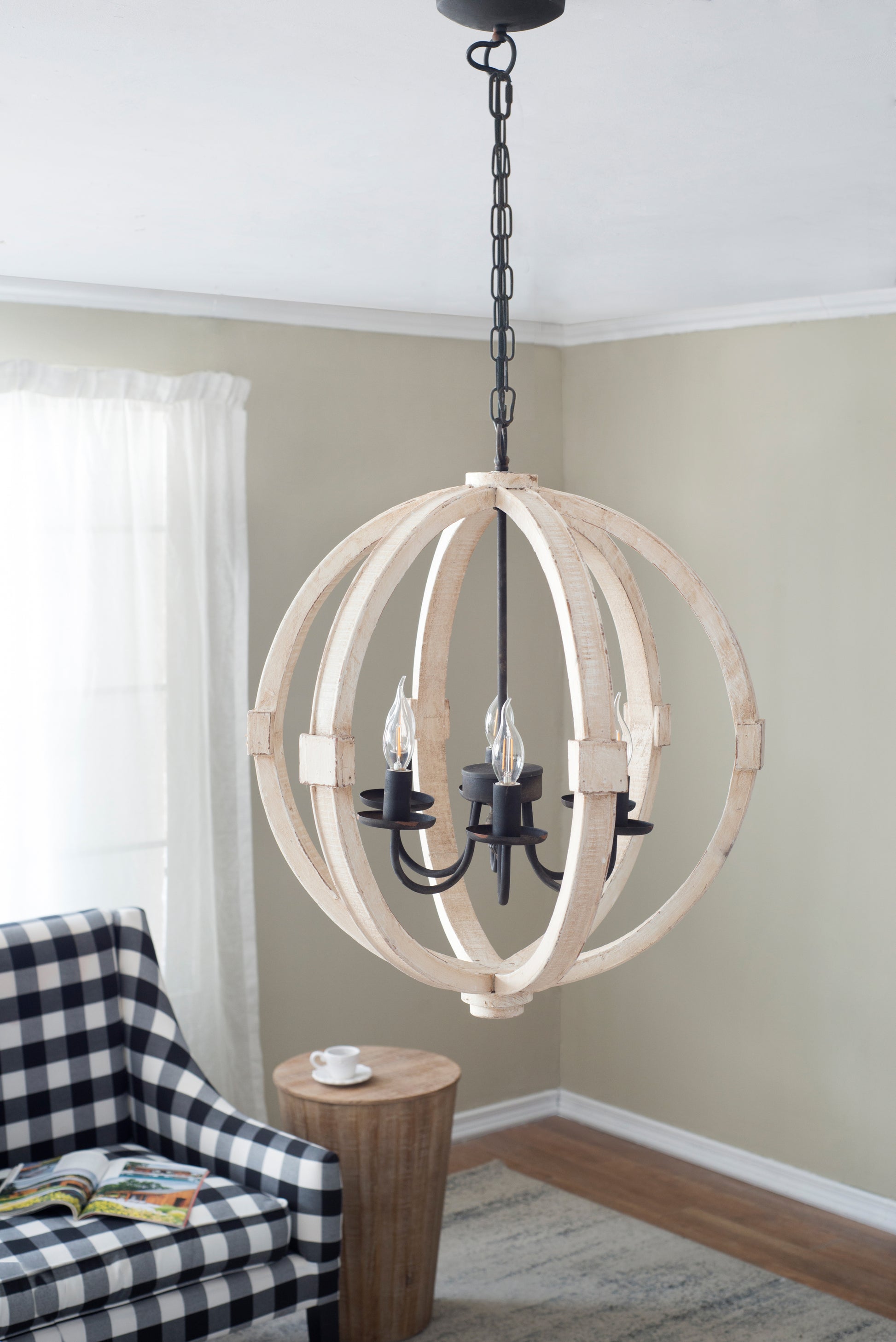 6 Light Wood Chandelier, Hanging Light Fixture With Adjustable Chain For Kitchen Dining Room Foyer Entryway, Bulb Not Included White Pine