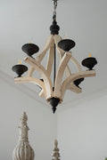 6 Light Wood Chandelier, Hanging Light Fixture With Adjustable Chain For Kitchen Dining Room Foyer Entryway, Bulb Not Included Cream Wood