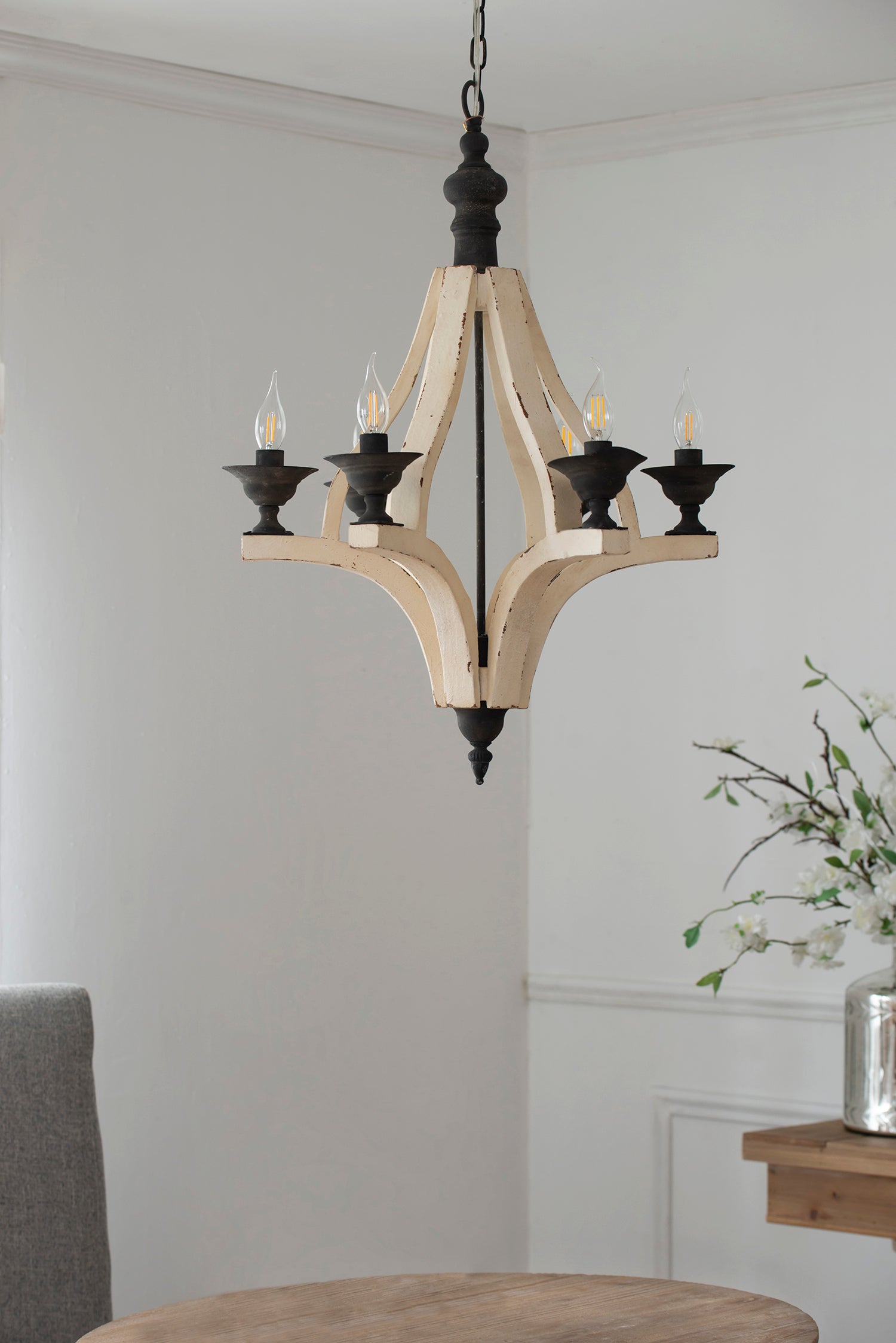 6 Light Wood Chandelier, Hanging Light Fixture With Adjustable Chain For Kitchen Dining Room Foyer Entryway, Bulb Not Included Cream Wood