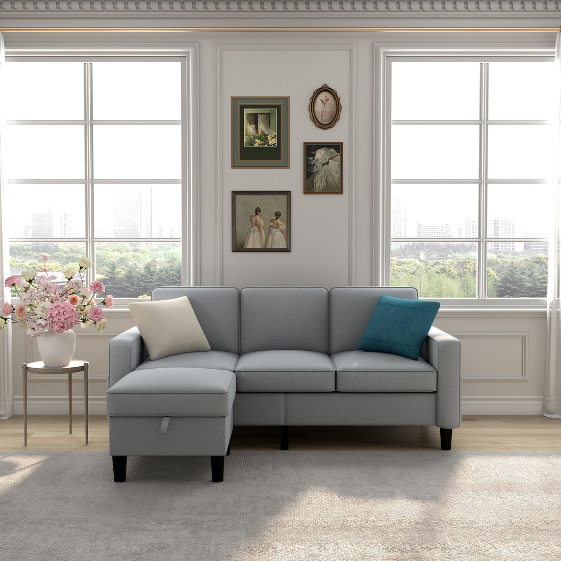 Sofas For Families, Apartments, Dorms, Bonus Rooms, Compact Spaces With Lounge Lounges, 3 Seater, L Shaped Design For The Chaise, 680 Lbs Capacity Light Grey Light Gray Metal & Wood