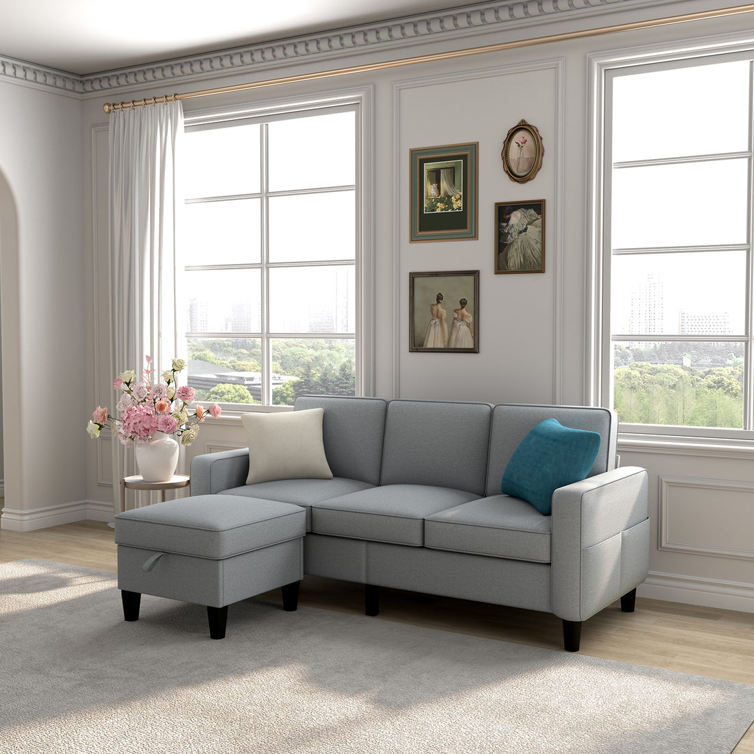 Sofas For Families, Apartments, Dorms, Bonus Rooms, Compact Spaces With Lounge Lounges, 3 Seater, L Shaped Design For The Chaise, 680 Lbs Capacity Light Grey Light Gray Metal & Wood