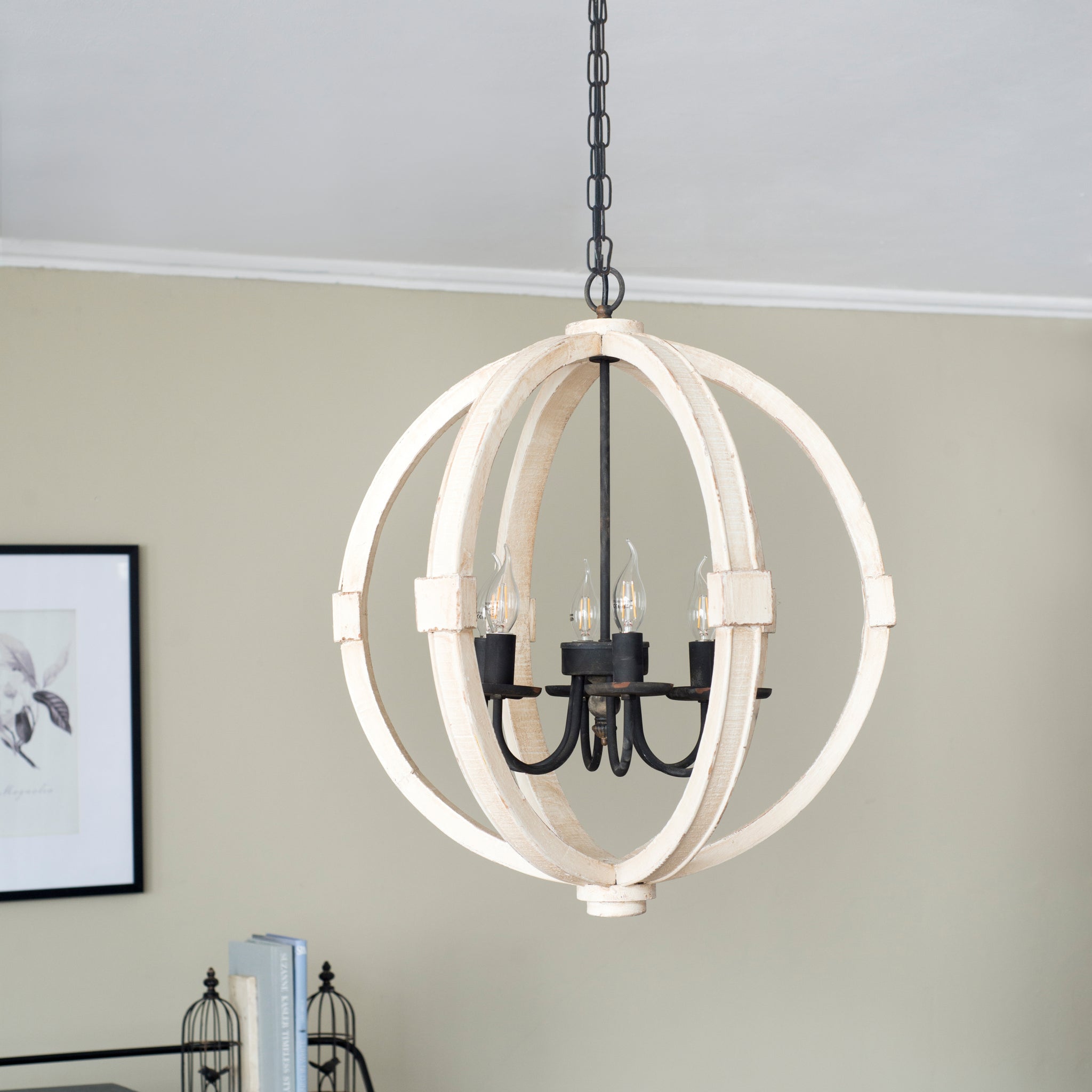 6 Light Wood Chandelier, Hanging Light Fixture With Adjustable Chain For Kitchen Dining Room Foyer Entryway, Bulb Not Included White Pine