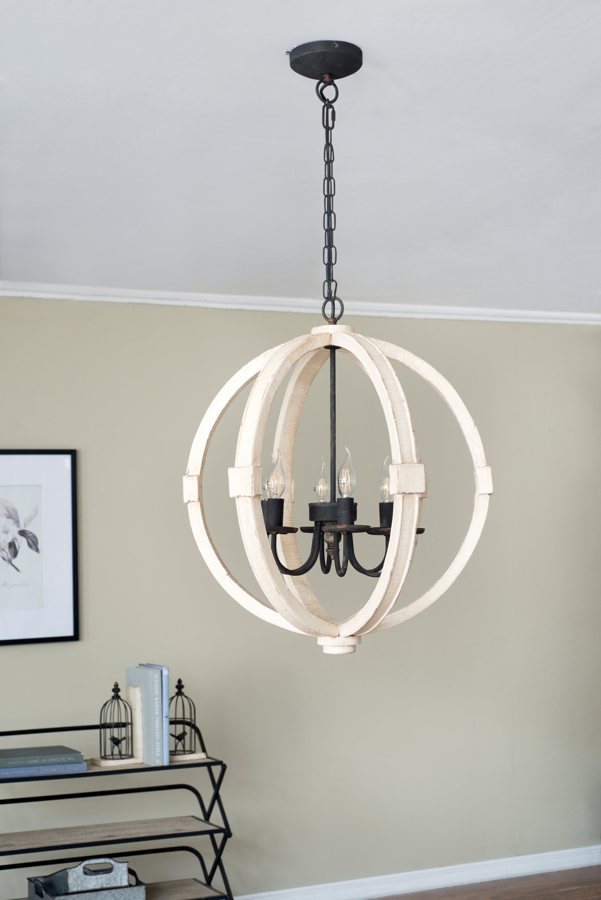 6 Light Wood Chandelier, Hanging Light Fixture With Adjustable Chain For Kitchen Dining Room Foyer Entryway, Bulb Not Included White Pine