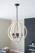 6 Light Wood Chandelier, Hanging Light Fixture With Adjustable Chain For Kitchen Dining Room Foyer Entryway, Bulb Not Included White Pine