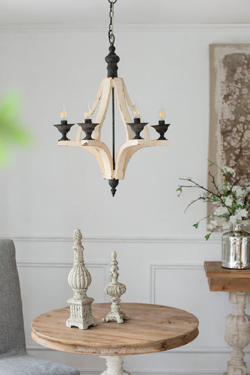6 Light Wood Chandelier, Hanging Light Fixture With Adjustable Chain For Kitchen Dining Room Foyer Entryway, Bulb Not Included Cream Wood