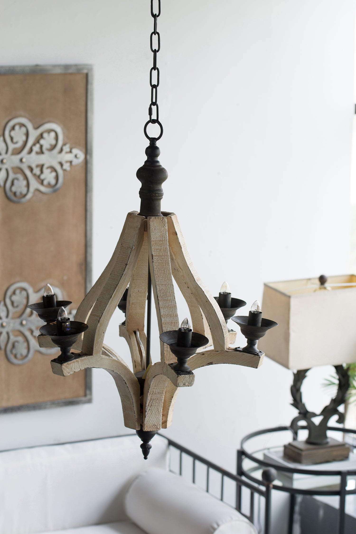 6 Light Wood Chandelier, Hanging Light Fixture With Adjustable Chain For Kitchen Dining Room Foyer Entryway, Bulb Not Included Cream Wood