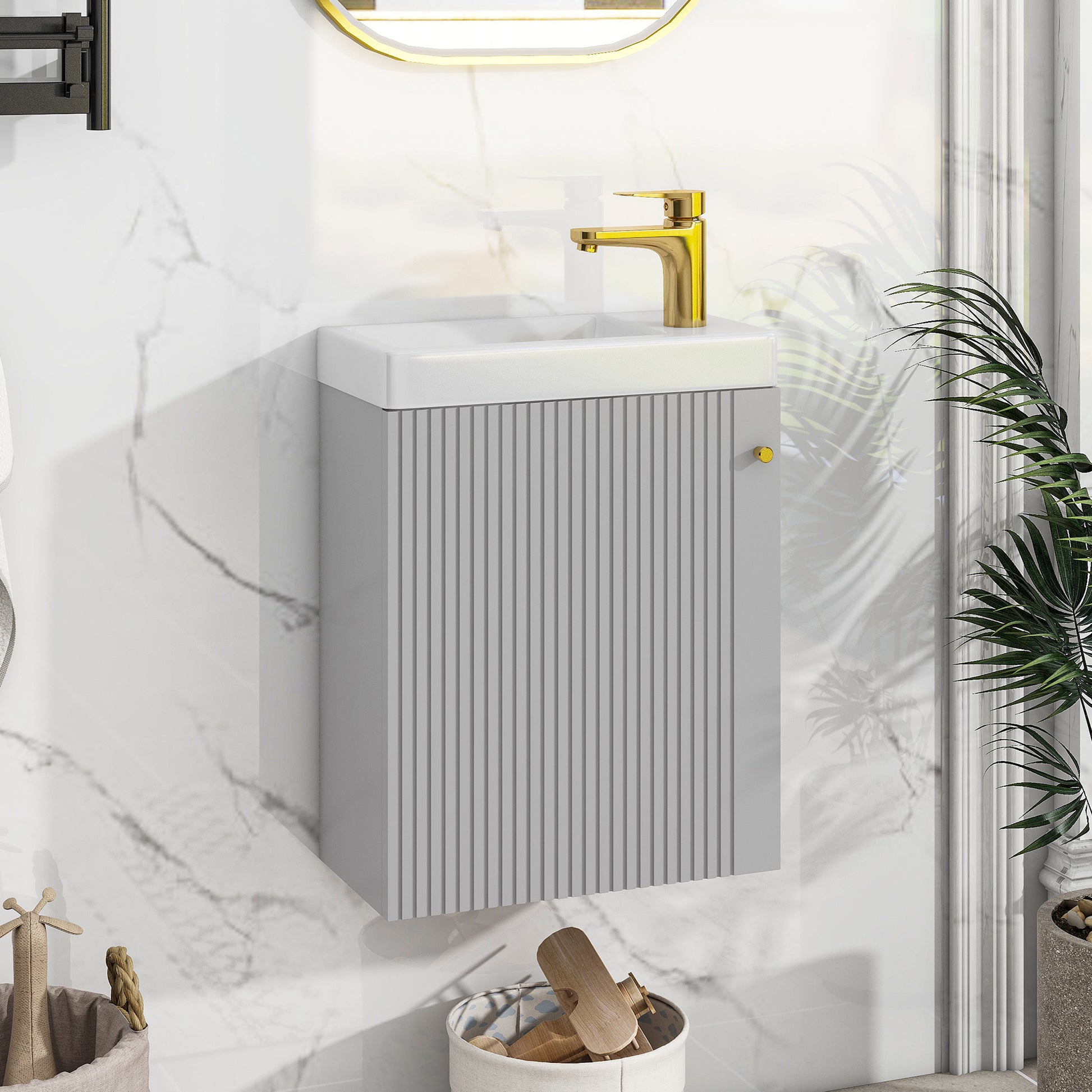 Viedo Contemporary 16" Wall Mounted Bathroom Vanity Combo Cabinet With Ceramic Basin Ideal For Small Bathrooms Grey Mdf