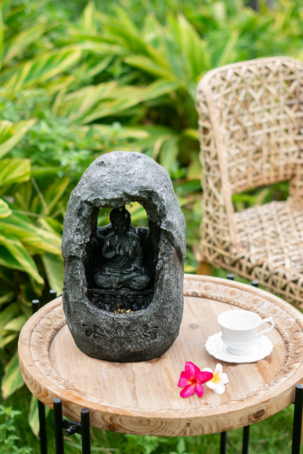 8.3X5.9X13.6" Decorative Gray Tabletop Water Fountain With Sitting Buddha And Led Light, For Indoor Outdoor Gray Primary Living Space Chinese,Coastal,Transitional Polyresin