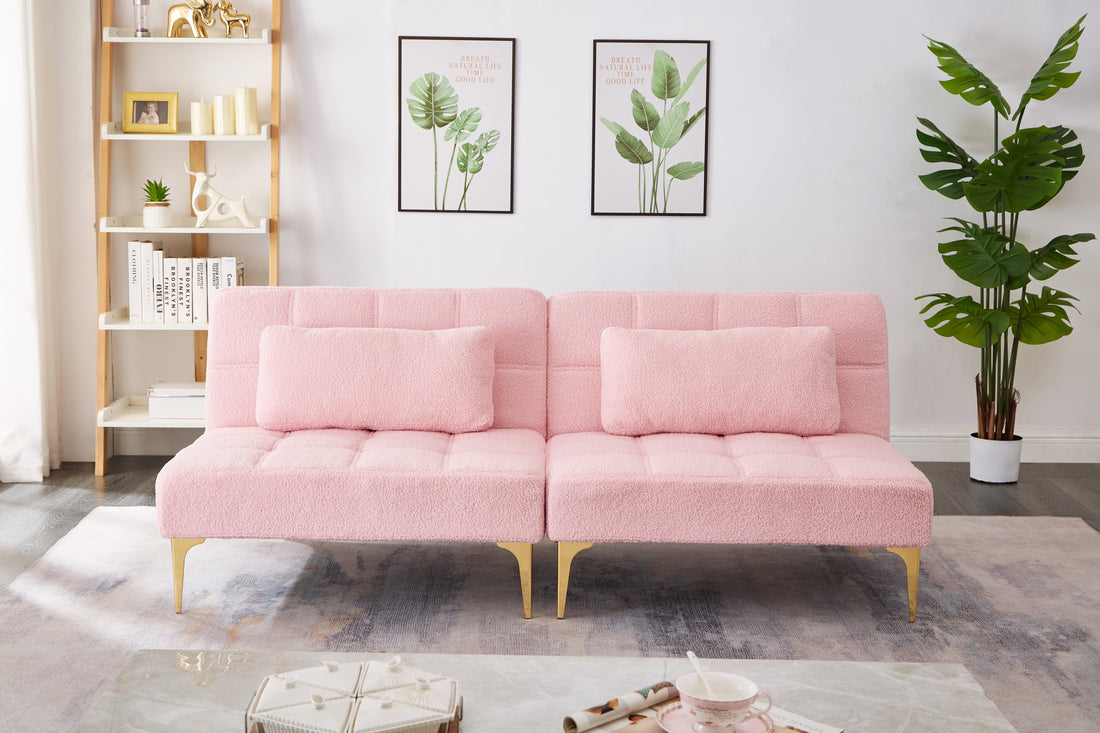 71" Convertible Sofa Bed Futon With Gold Metal Legs Teddy Fabric Pink Pink Teddy Foam Fabric