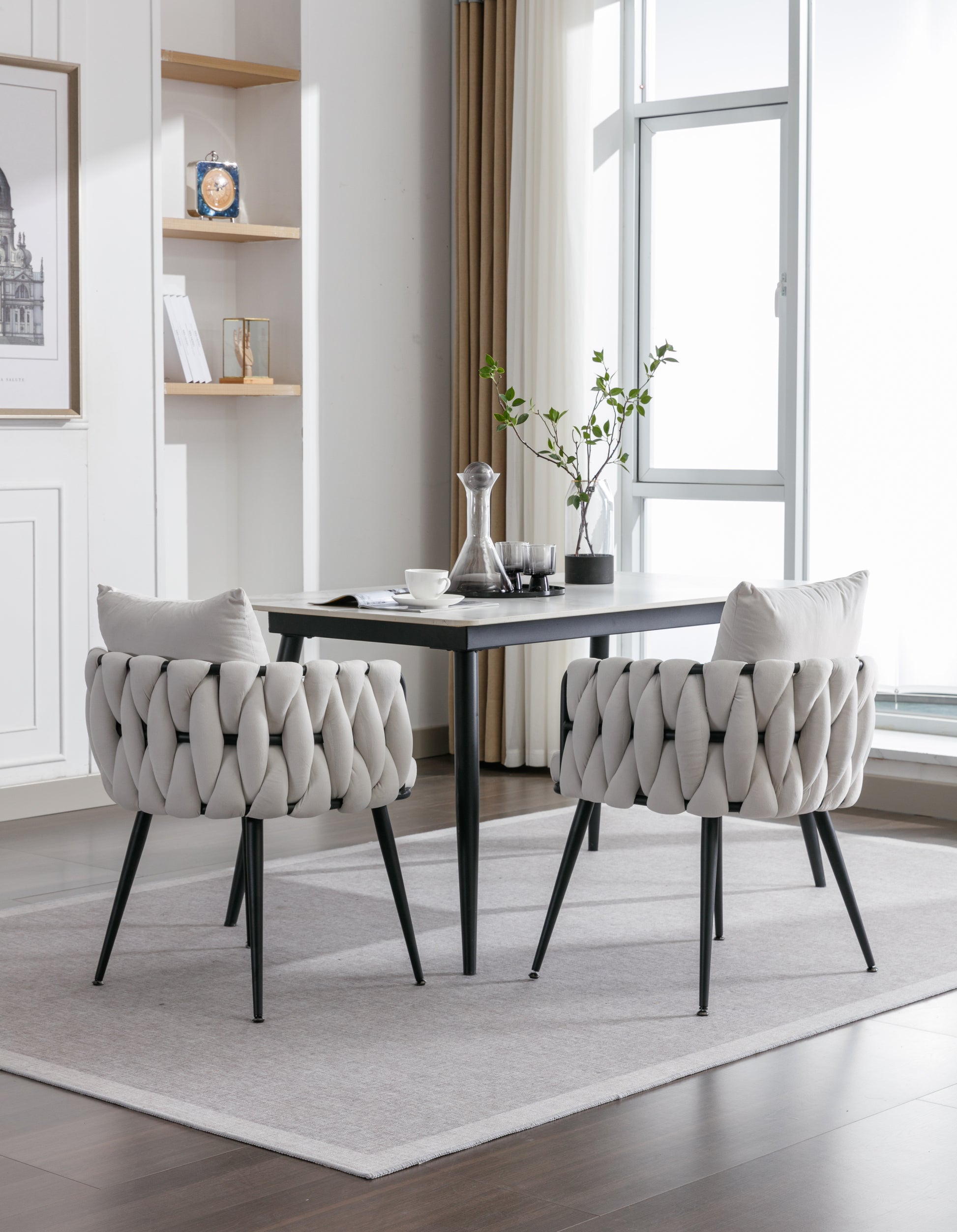 Pure Ivory Modern Velvet Dining Chairs Set Of 2 Hand Weaving Accent Chairs Living Room Chairs Upholstered Side Chair With Black Metal Legs For Dining Room Kitchen Vanity Living Room Ivory Velvet