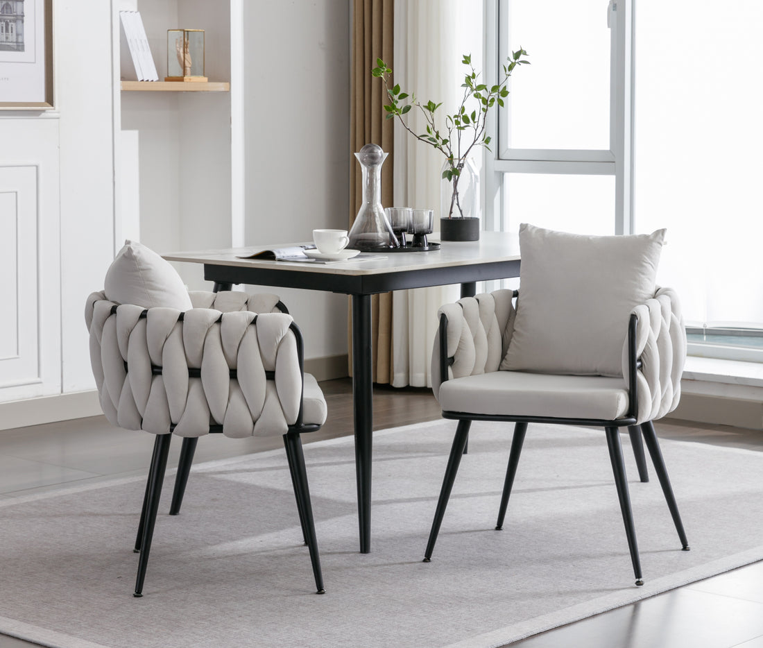 Pure Ivory Modern Velvet Dining Chairs Set Of 2 Hand Weaving Accent Chairs Living Room Chairs Upholstered Side Chair With Black Metal Legs For Dining Room Kitchen Vanity Living Room Ivory Velvet