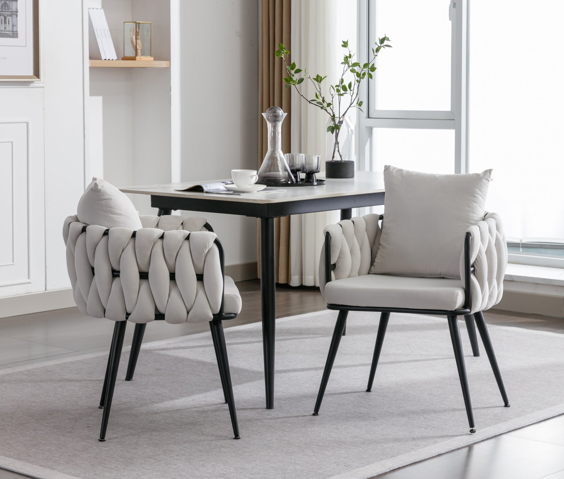 Pure Ivory Modern Velvet Dining Chairs Set Of 2 Hand Weaving Accent Chairs Living Room Chairs Upholstered Side Chair With Black Metal Legs For Dining Room Kitchen Vanity Living Room Ivory Velvet
