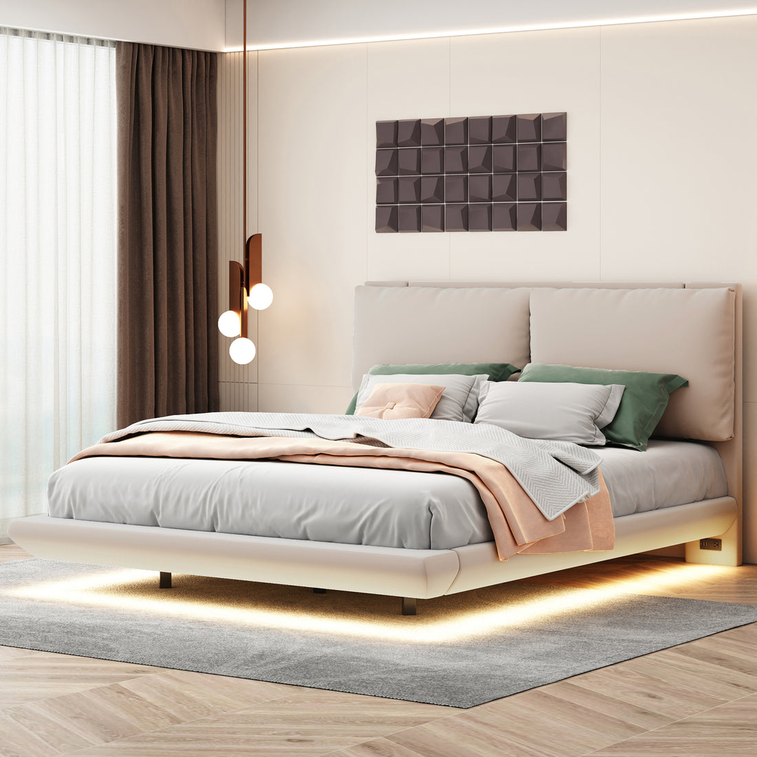 Queen Size Upholstered Platform Bed With Sensor Light And 2 Large Backrests, Stylish Platform Bed With 2 Sets Of Usb Port And Socket On Each Rear Bed Leg, Beige Beige Velvet
