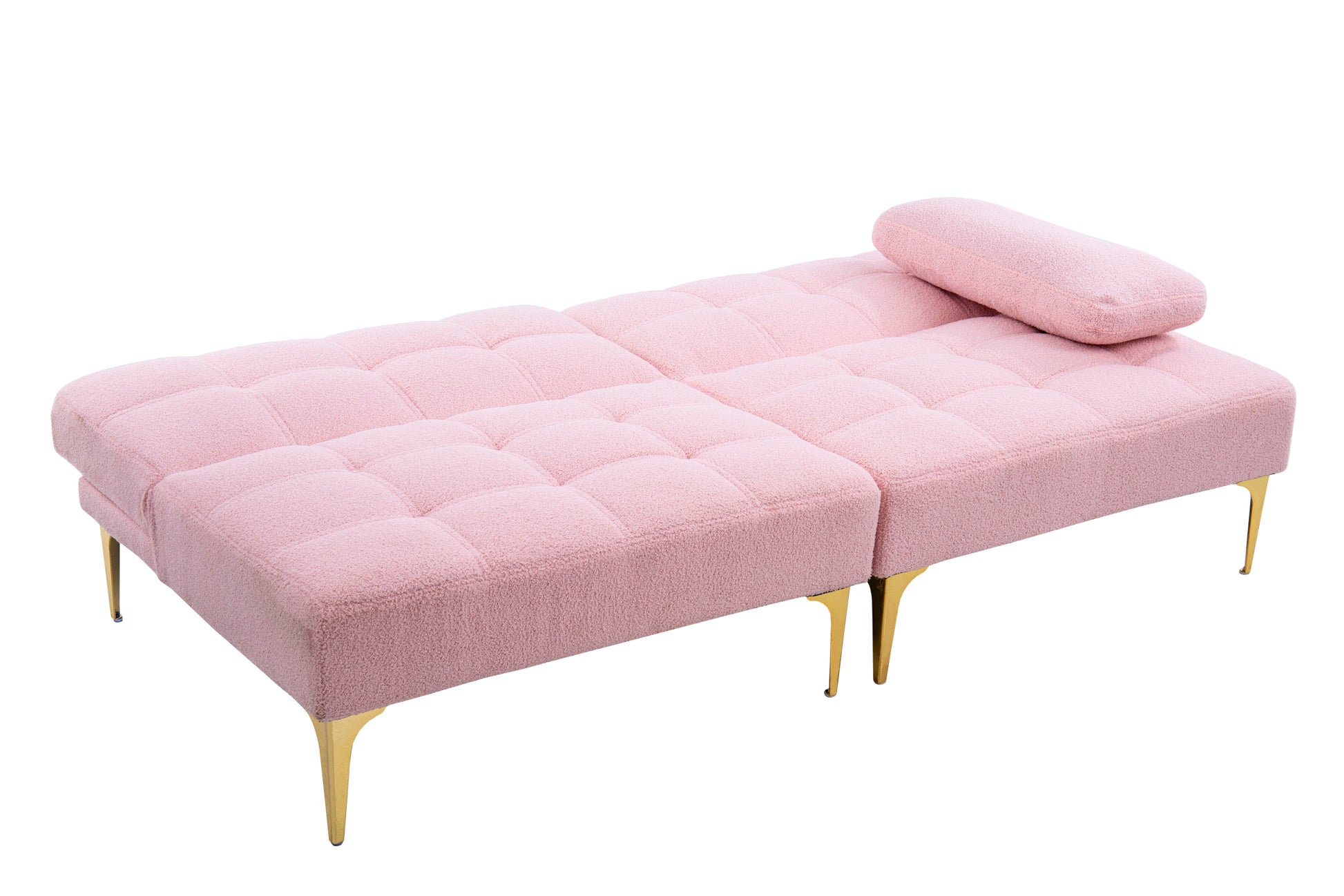 71" Convertible Sofa Bed Futon With Gold Metal Legs Teddy Fabric Pink Pink Teddy Foam Fabric