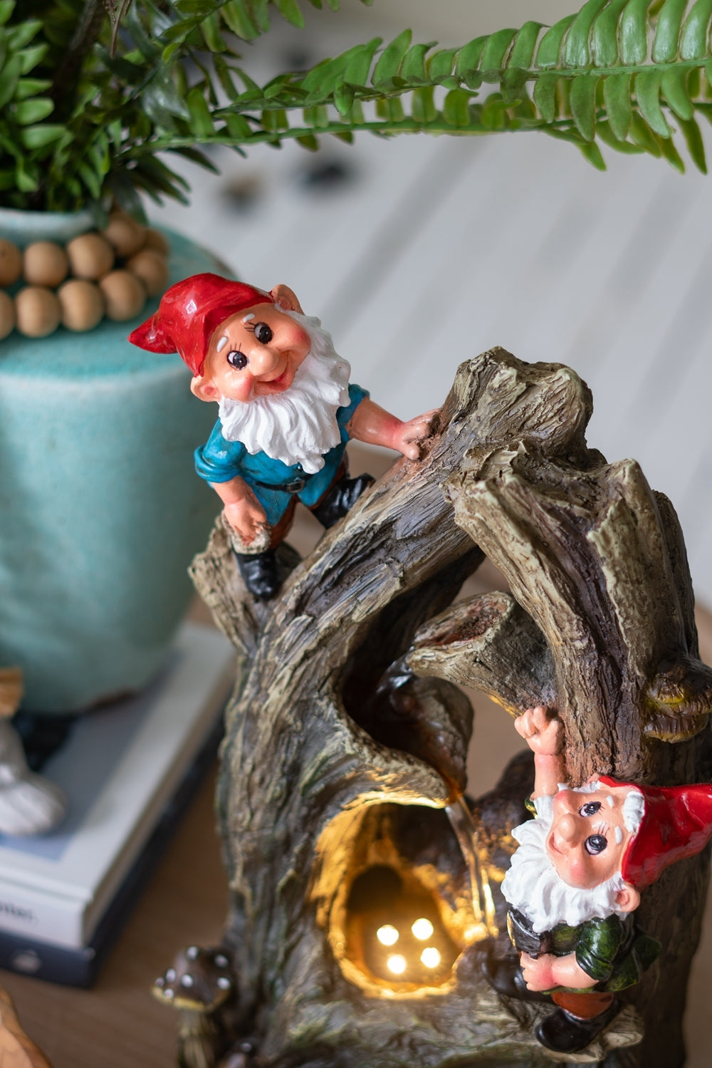 8.3X4.7X13.8" Decorative Woodland Gnome Water Fountain With Led Light, Brown Brown Primary Living Space Art Deco,Rustic,Traditional Polyresin