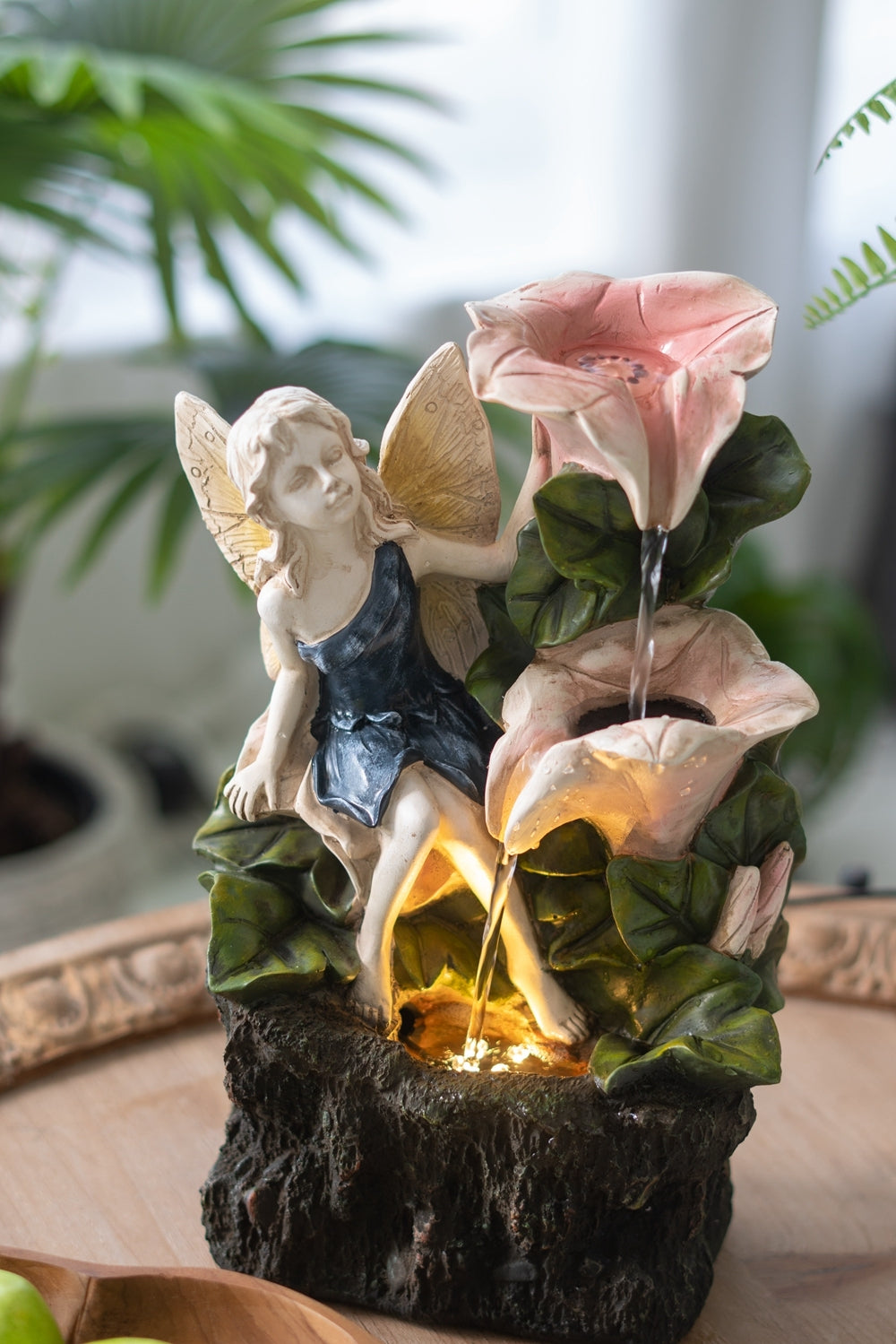 8.9X4.7X13.4" Decorative 3 Tier Tabletop Water Fountain With Fairy And Led Light, Angel Girl With Pink Flower Design, For Indoor Tabletop And Outdoor Multi Primary Living Space Art Deco,Rustic,Traditional Polyresin