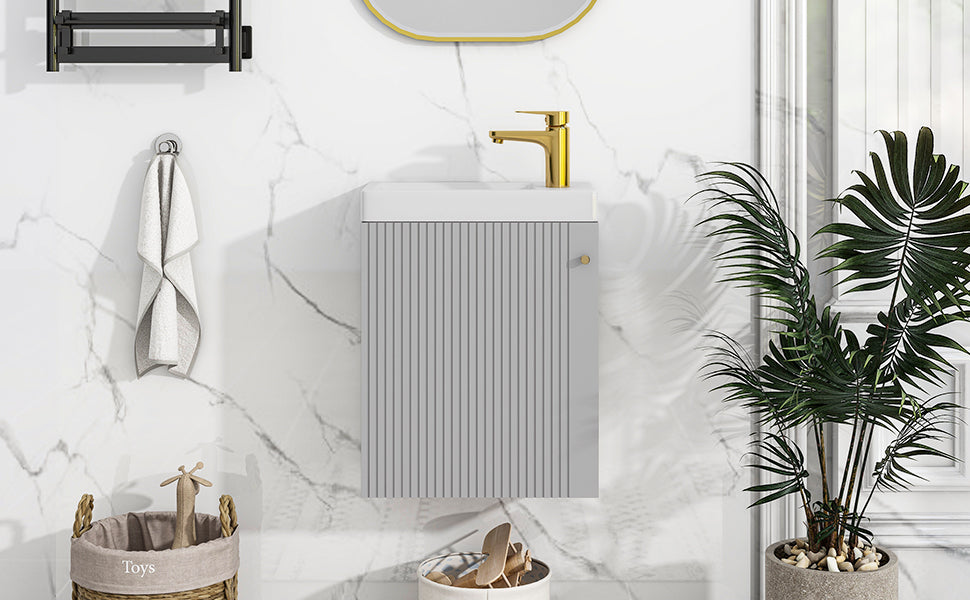 Viedo Contemporary 16" Wall Mounted Bathroom Vanity Combo Cabinet With Ceramic Basin Ideal For Small Bathrooms Grey Mdf