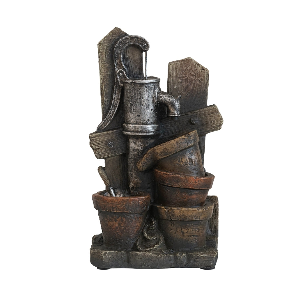 7.7X3.9X13.6" Brown And Gray Water Fountain With Antique Water Pump Design And Led Light Brown Primary Living Space Farmhouse,French Country,Rustic Polyresin