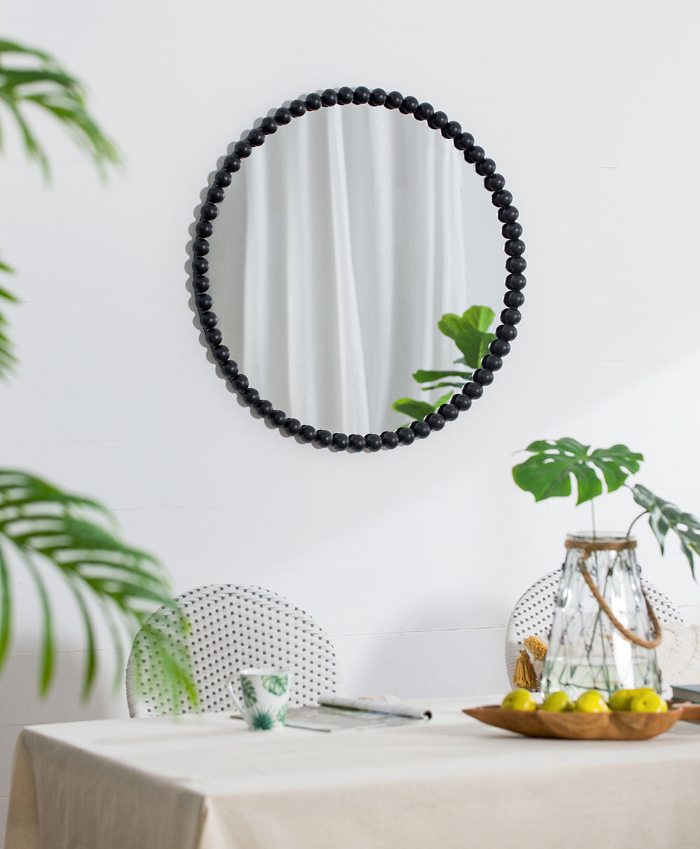 32" Circle Mirror With Metal Beaded Frame, Wall Mirror For Living Room Bedroom Entryway Black Metal