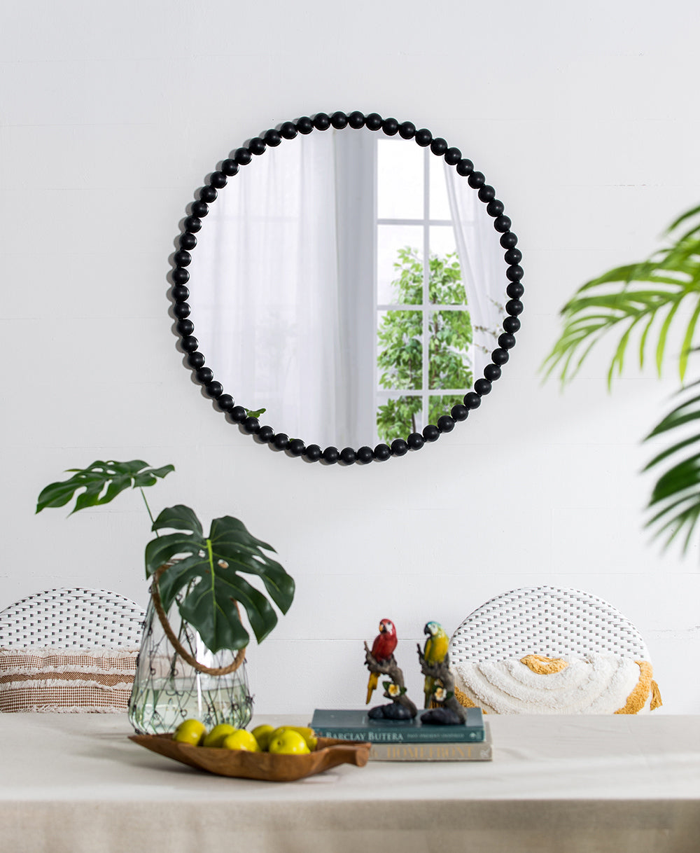 32" Circle Mirror With Metal Beaded Frame, Wall Mirror For Living Room Bedroom Entryway Black Metal