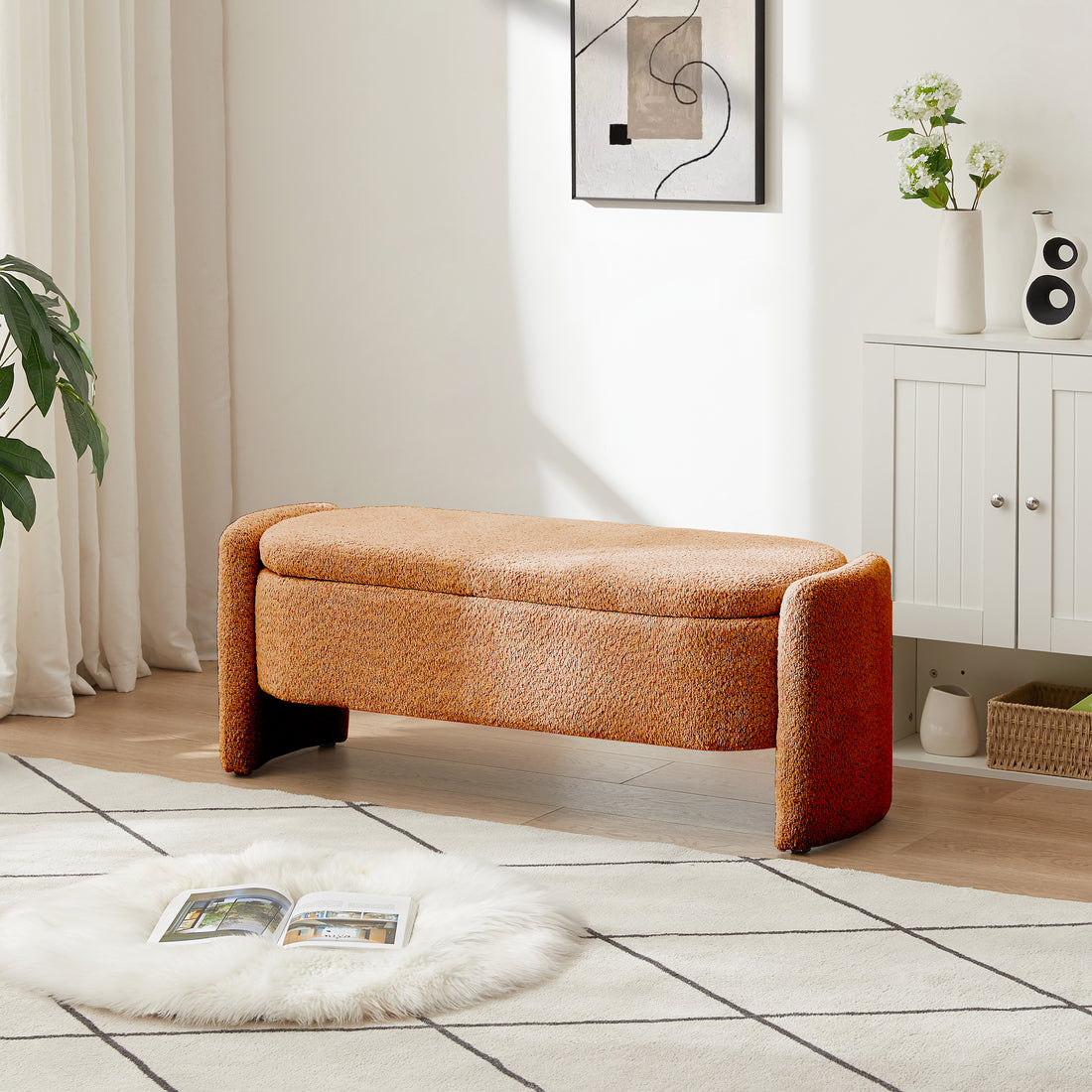 Ottoman Oval Storage Bench 3D Lamb Fleece Fabric Bench With Large Storage Space For The Living Room, Entryway And Bedroom,Brown Orange Dark Brown Polyester