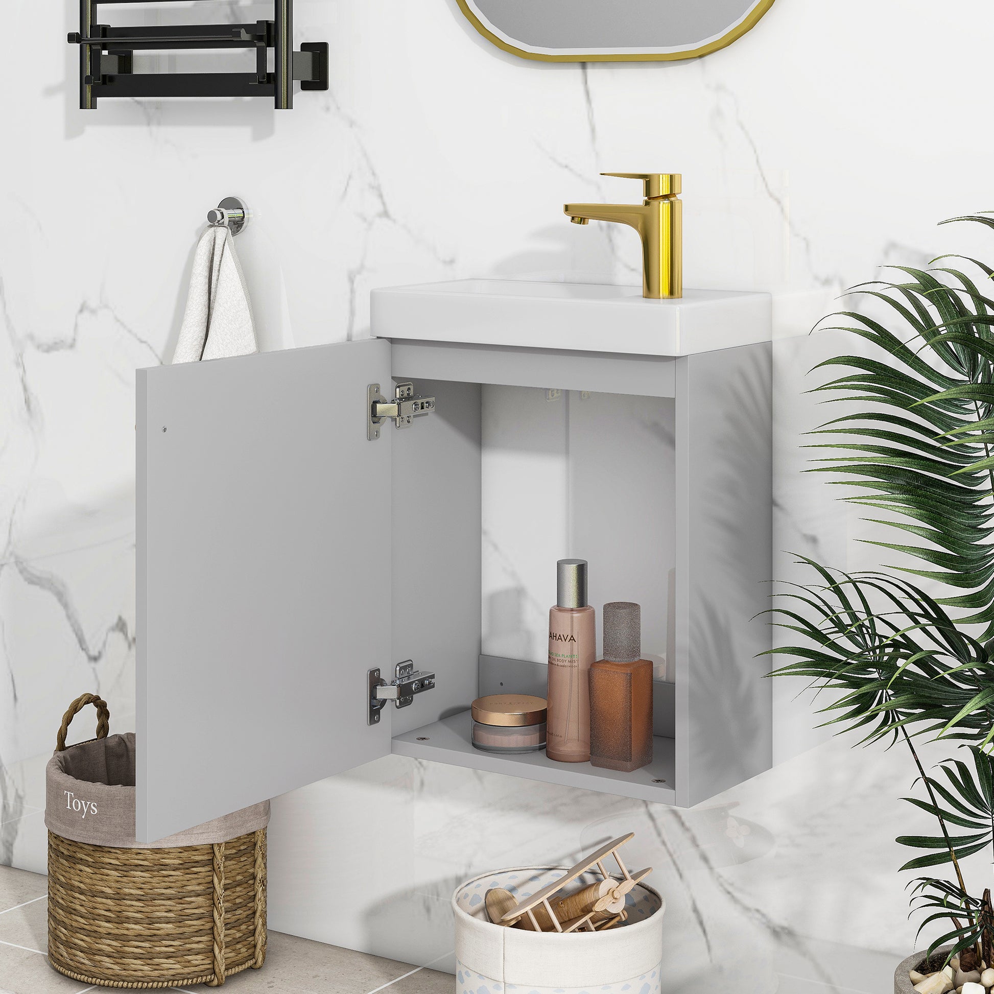Viedo Contemporary 16" Wall Mounted Bathroom Vanity Combo Cabinet With Ceramic Basin Ideal For Small Bathrooms Grey Mdf